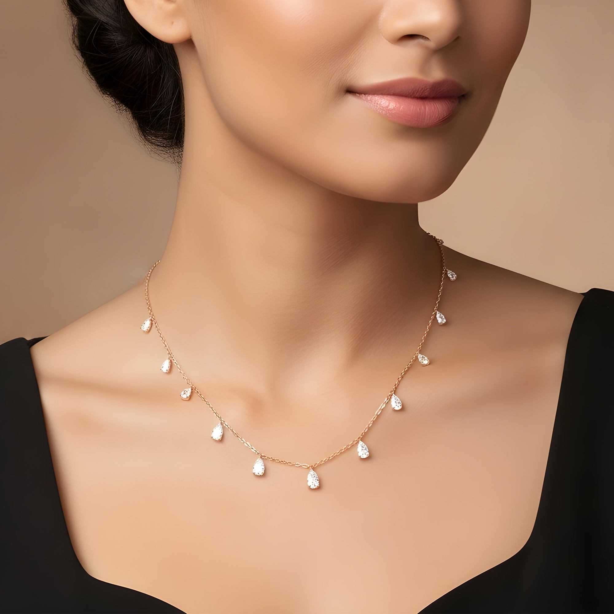 14K White Gold Pear Cut Diamond Satellite Drop Necklace 4.52ct