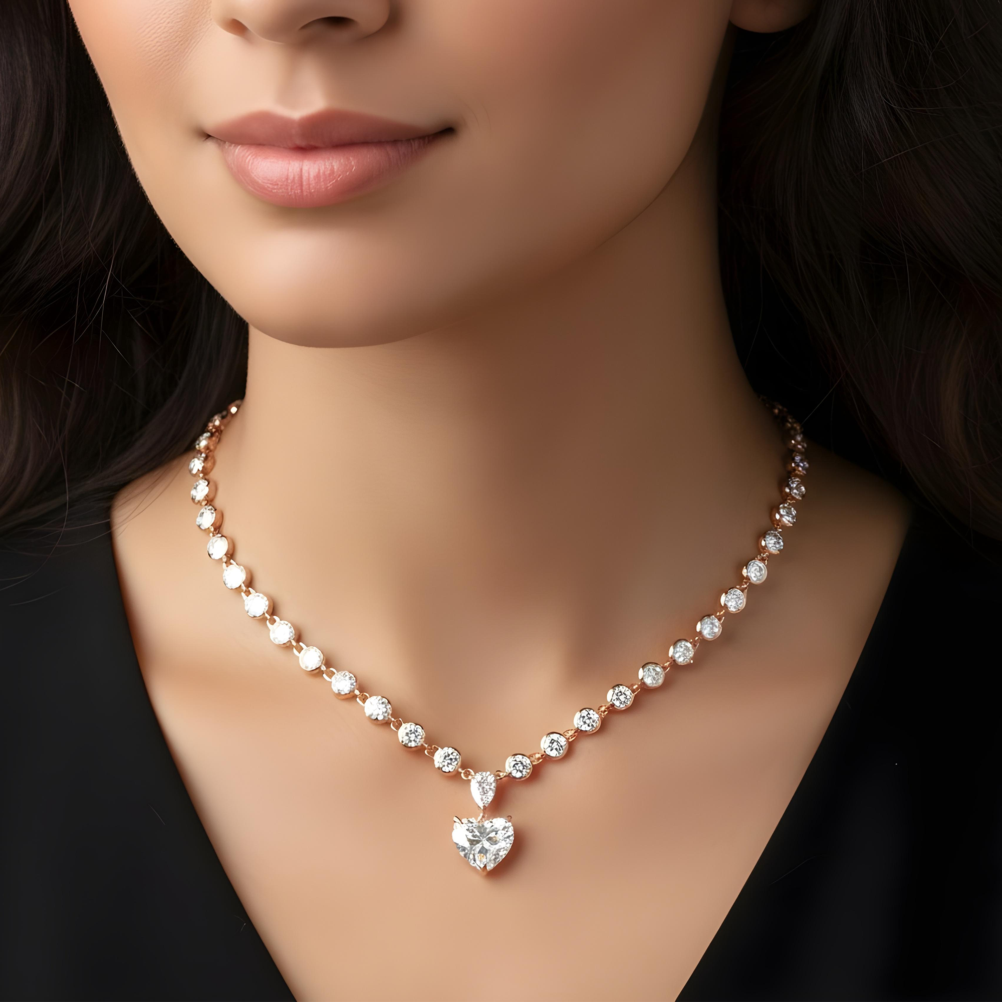 14K White Gold Round & Heart Cut Diamond Necklace 19.24ct