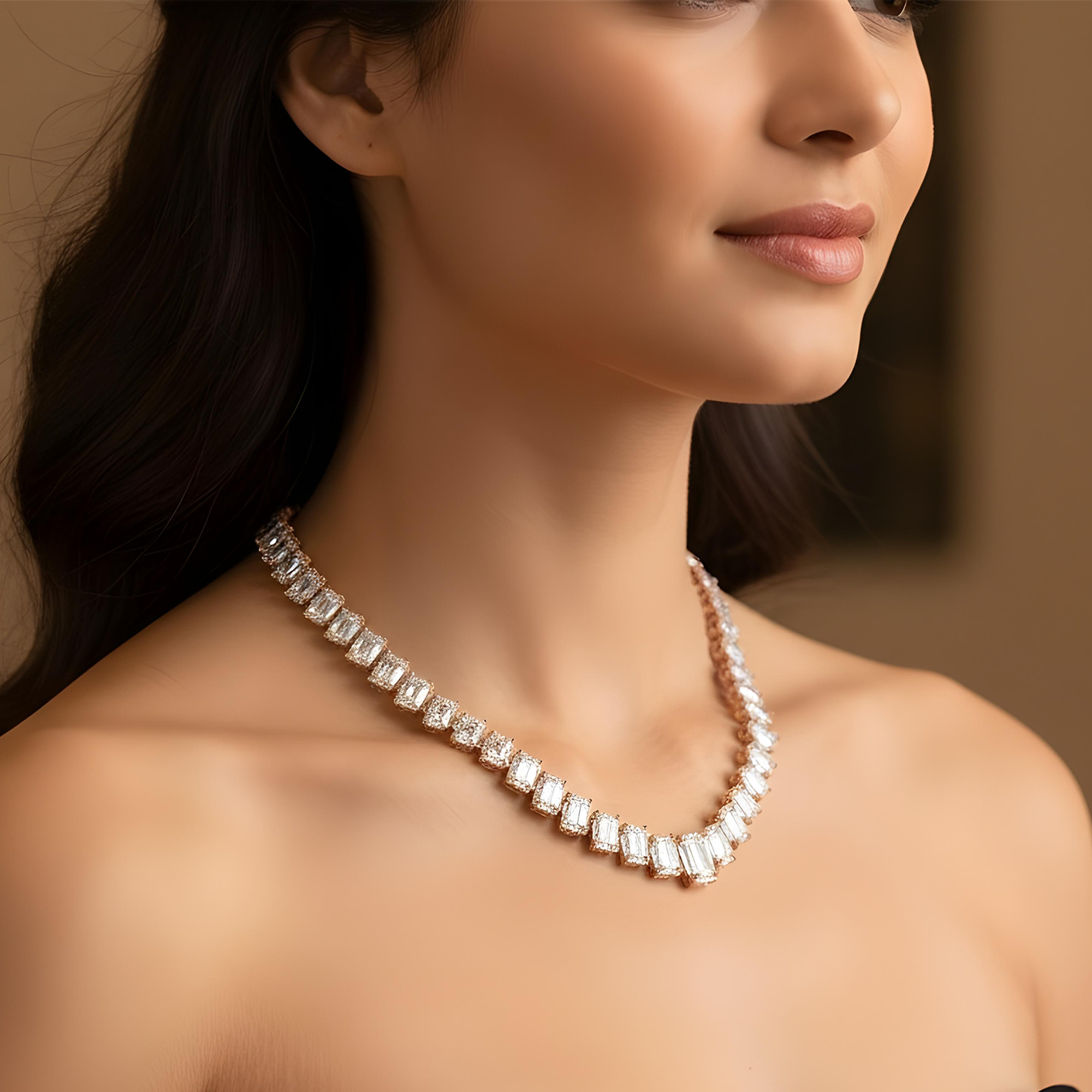 18K White Gold Graduated Emerald Cut Diamond Necklace 55.56ct