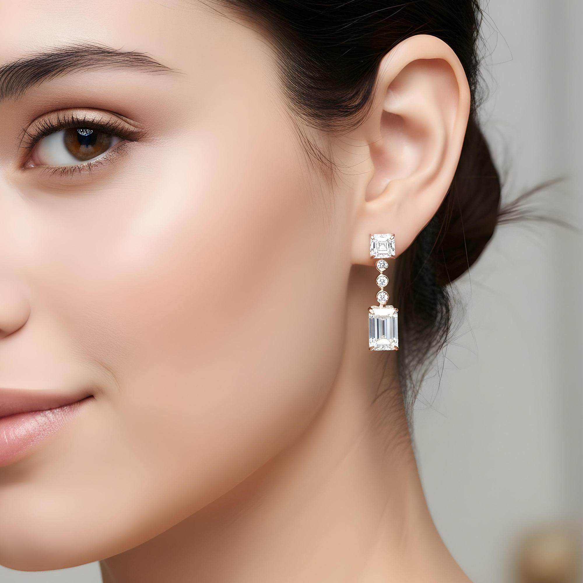 14K White Gold Asscher & Emerald Cut Diamond Short Drop Earrings 8.29ctw
