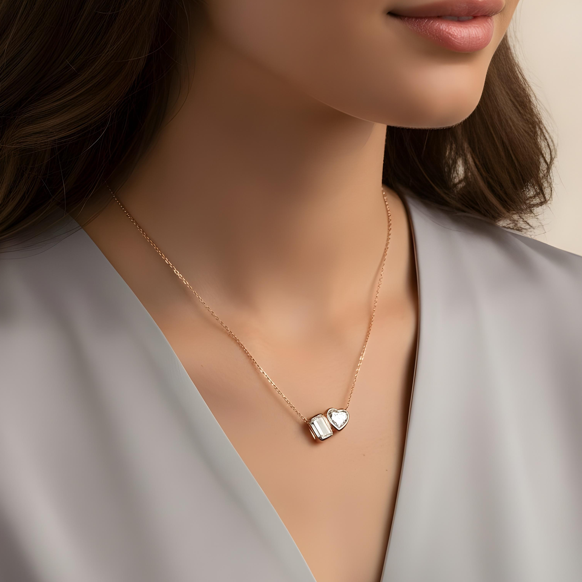 14K White Gold Heart & Emerald Cut Double Diamond Necklace 3.58ctw