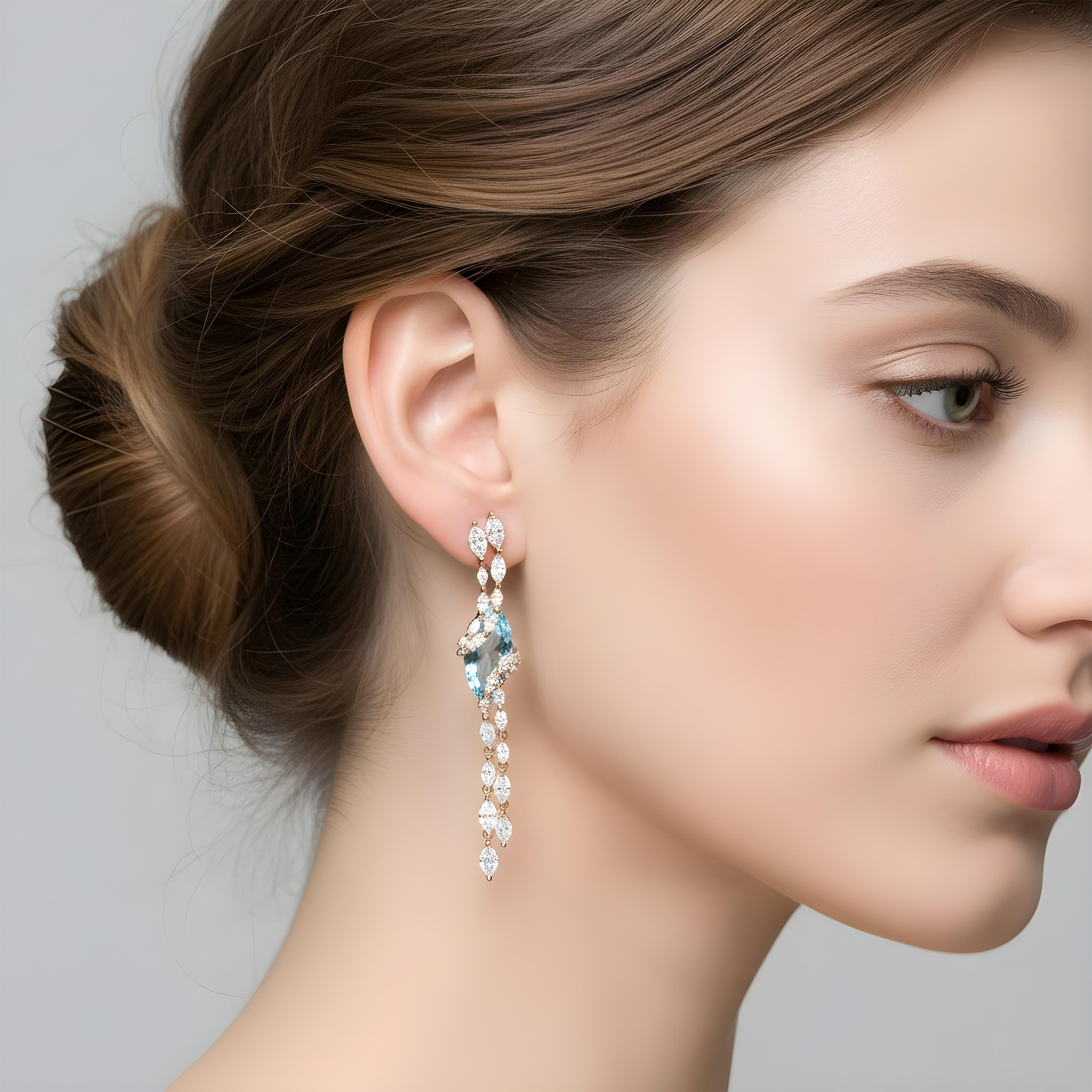 14K White Gold Marquise Cut Fancy Blue Diamond Drop Earrings 6.80ctw