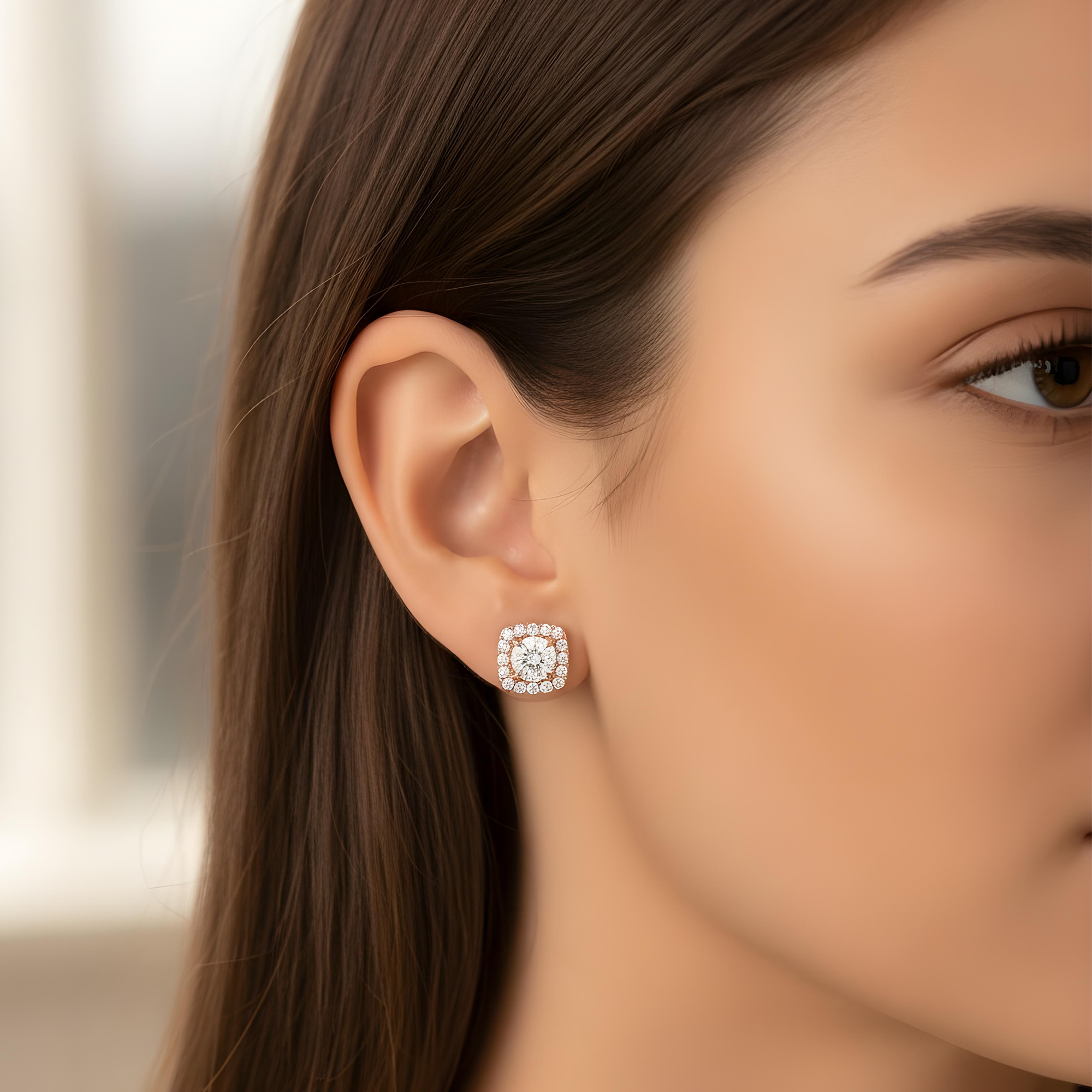 14K White Gold Square Shape Round Diamond Cluster Stud Earrings 2.83ctw