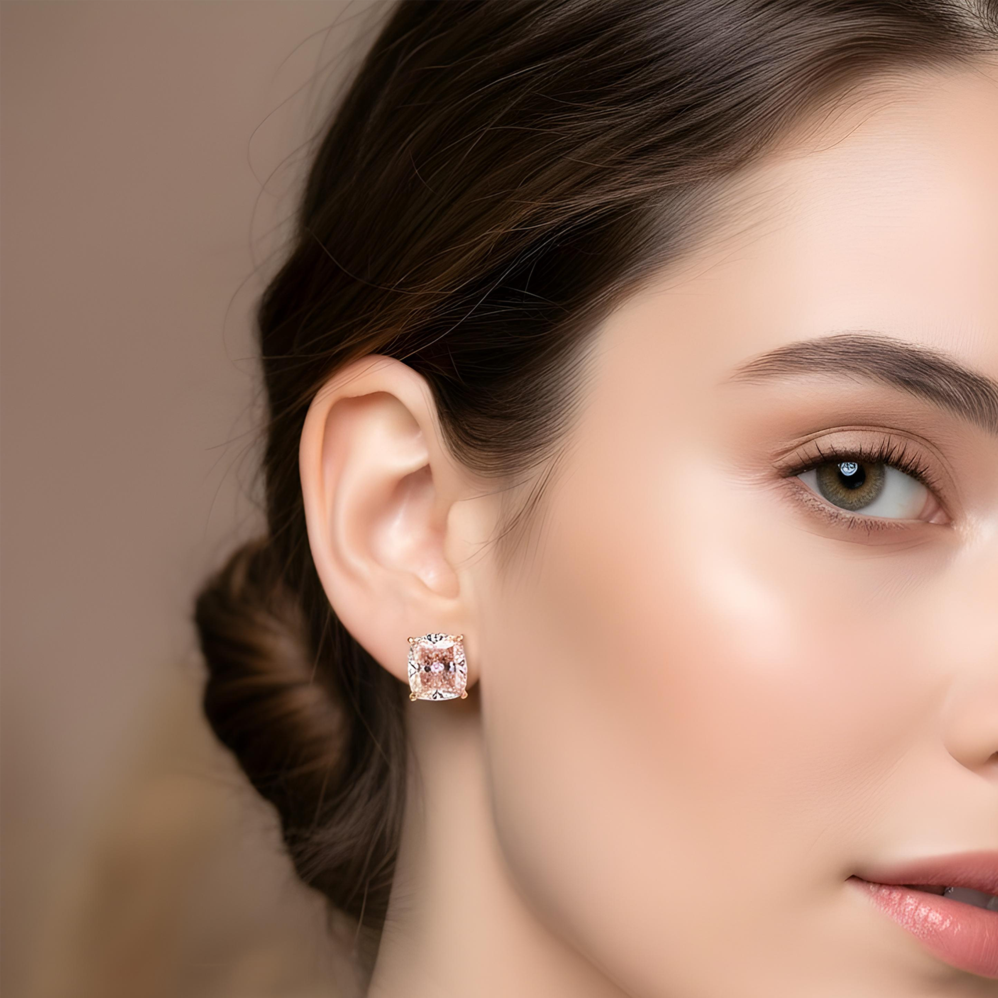 GIA 14K White Gold Solitaire Fancy Vivid Pink Cushion Diamond Stud Earrings 4.63ctw