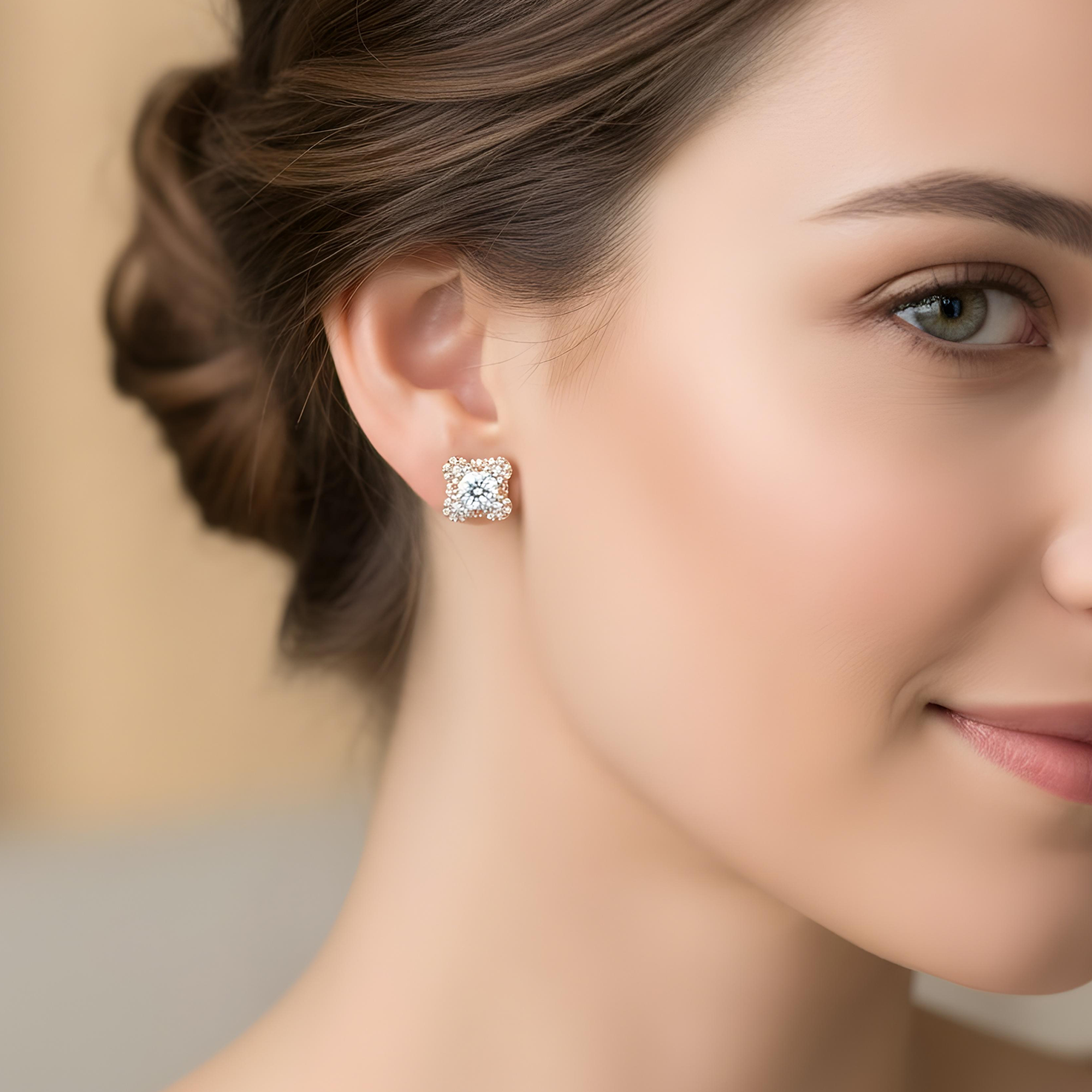 18K White Gold Round Diamond Clover Cluster Stud Earrings 1.29ctw