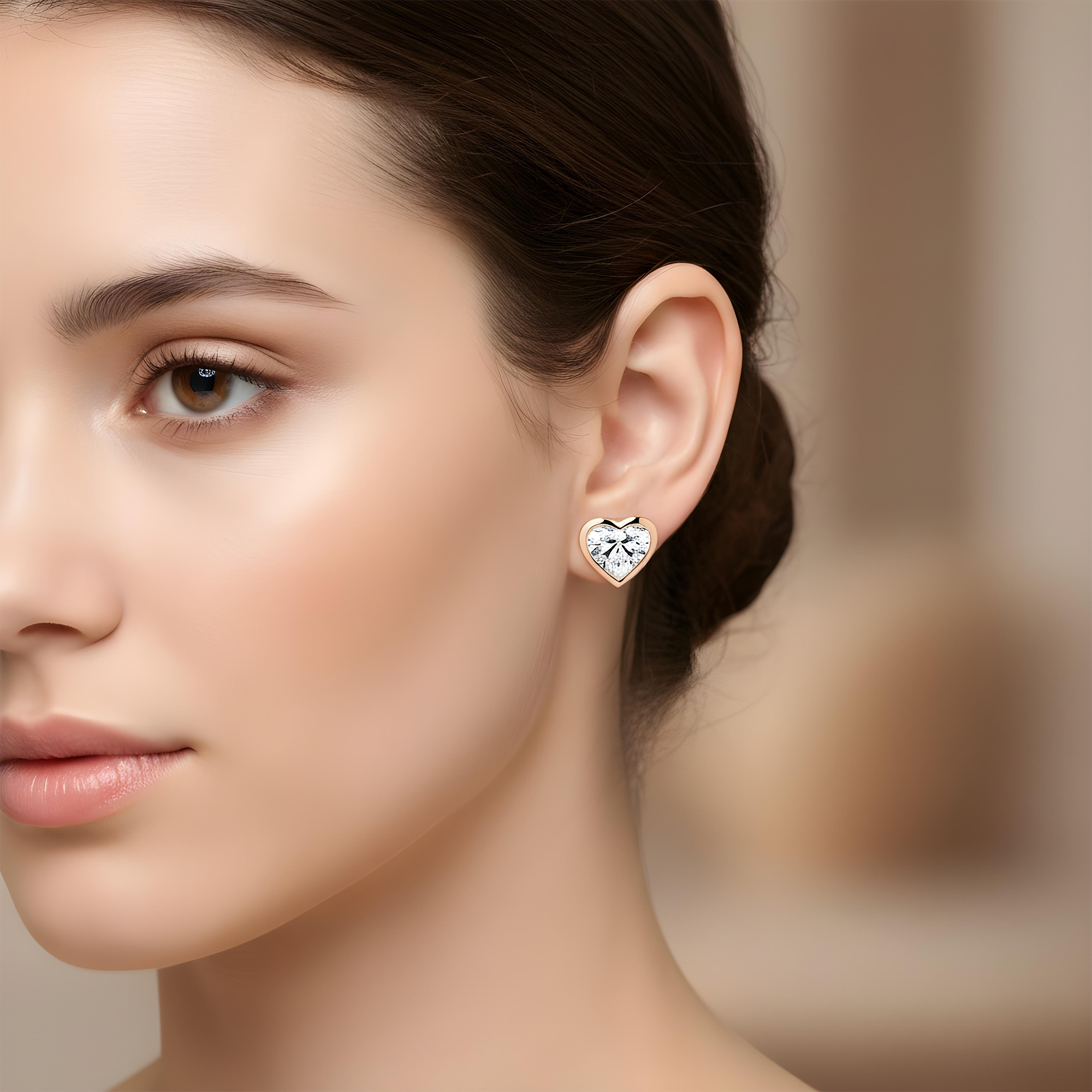14K White Gold Bezel Set Solitaire Heart Diamond Stud Earrings 6.89ctw