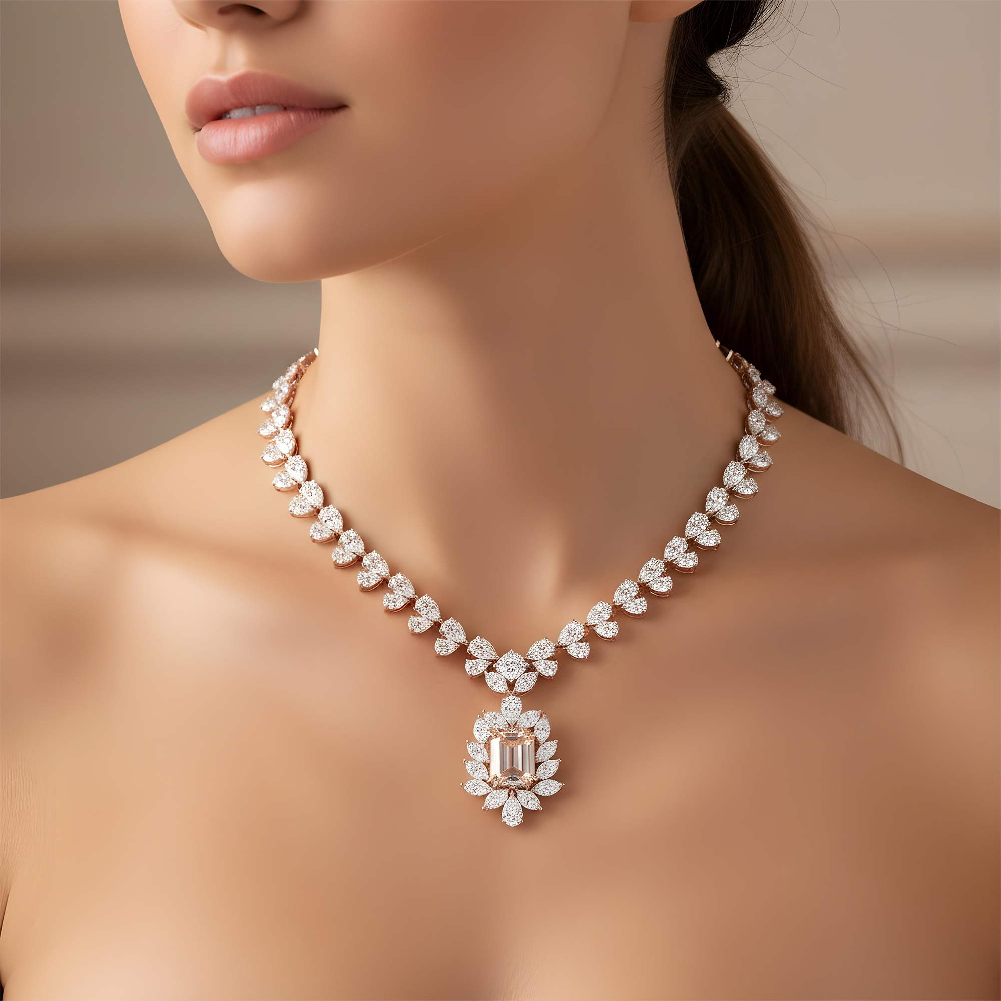 IGI 14K White Gold Fancy Pink Emerald Cut Diamond Goddess Drop Necklace 89.02ct