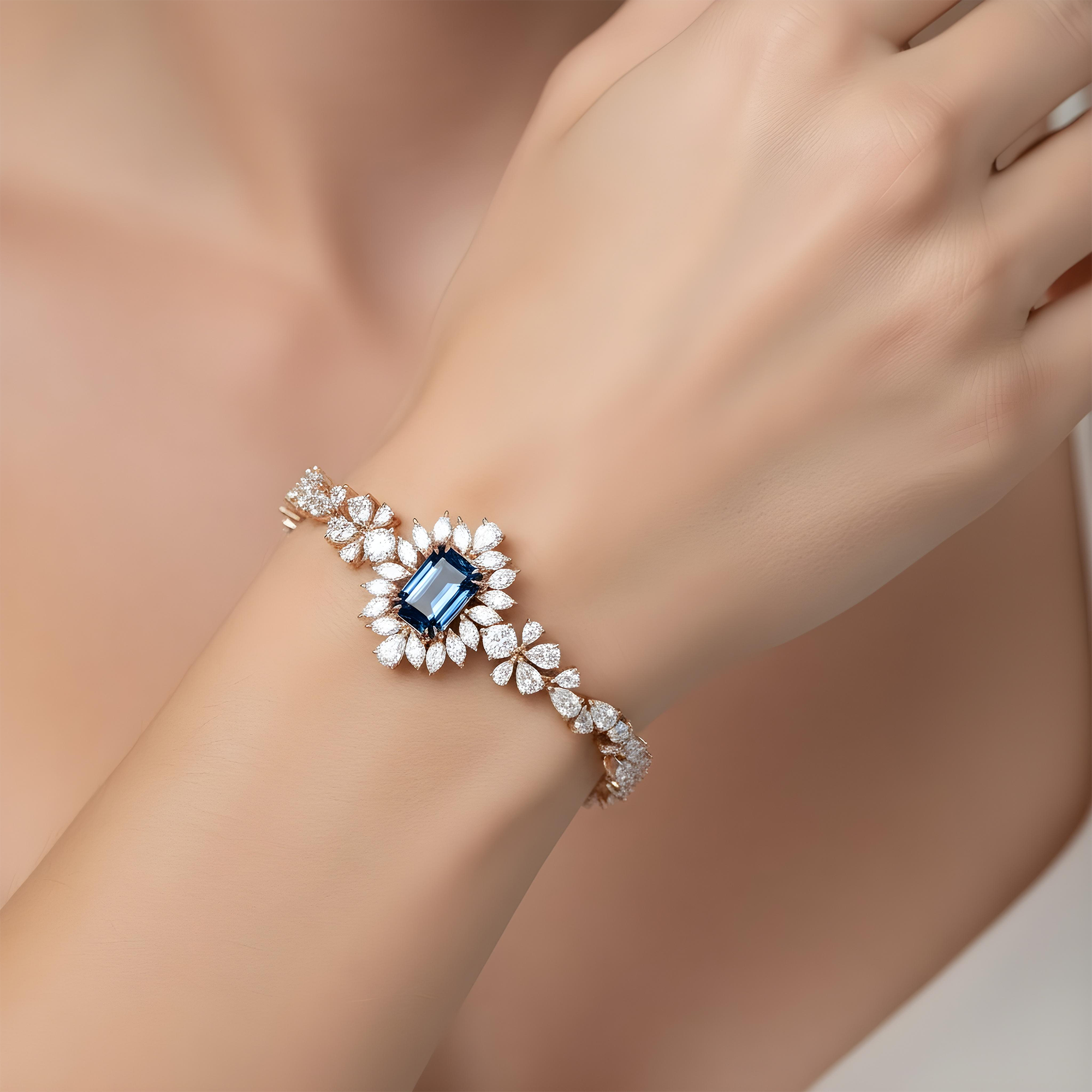 14K White Gold Emerald Cut Fancy Blue Diamond Goddess Bracelet