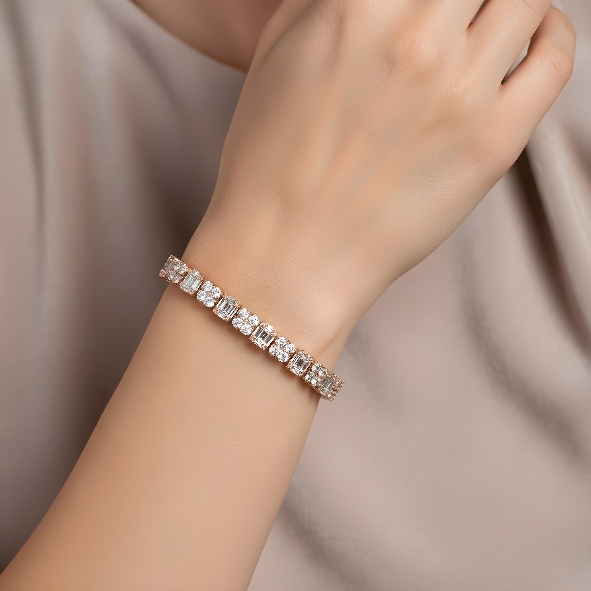 14K White Gold Round & Baguette Cut Diamond Tennis Bracelet 5.37ct