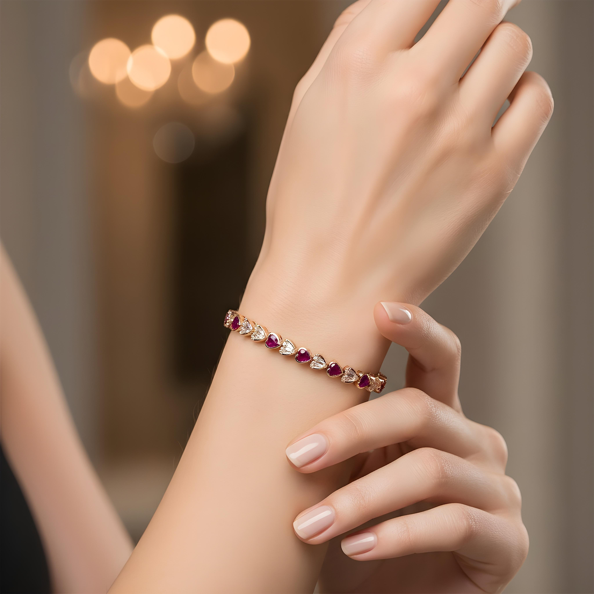 14K White Gold Heart Cut Ruby & Diamond Tennis Bracelet 7.31ct