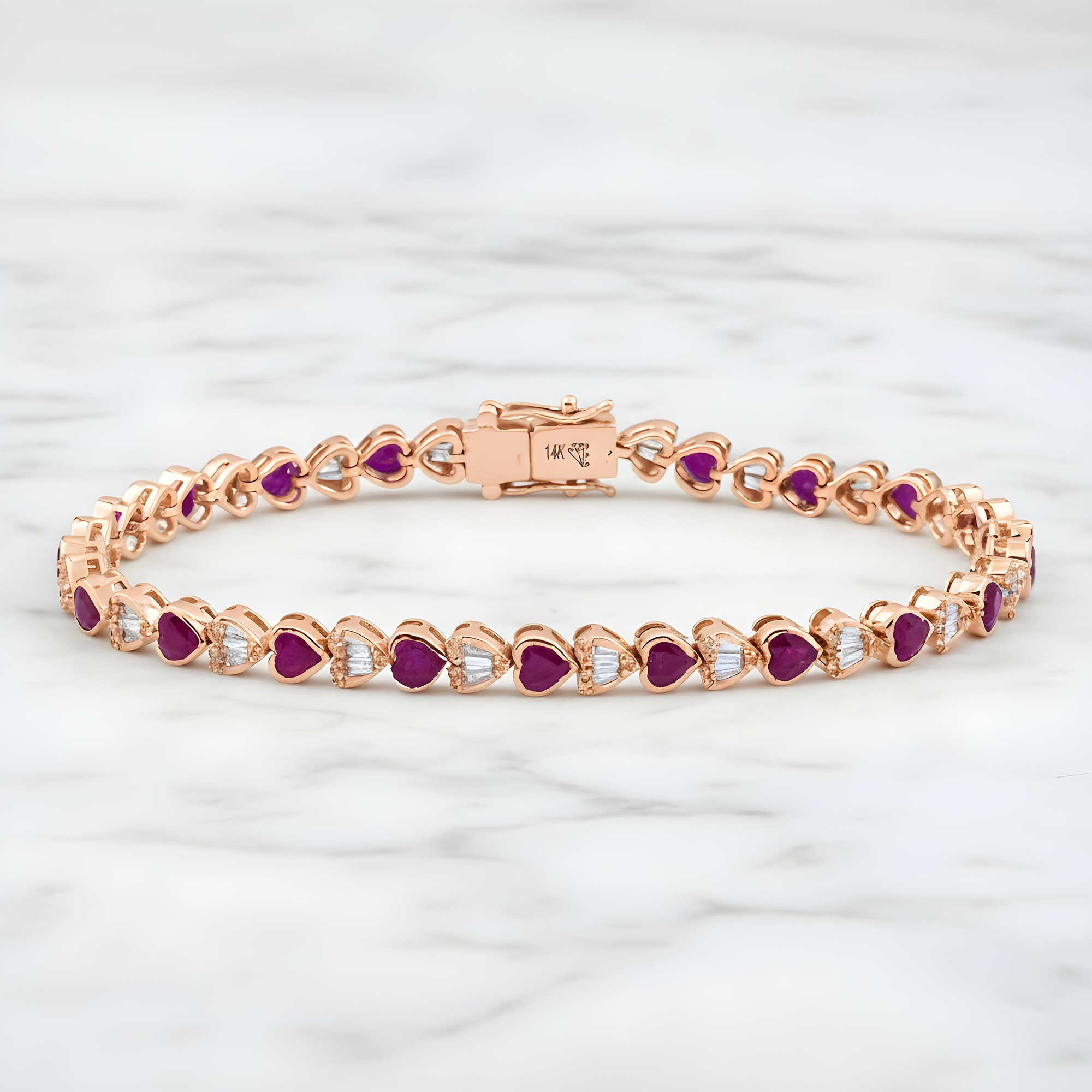 14K White Gold Heart Cut Ruby & Diamond Tennis Bracelet 7.31ct