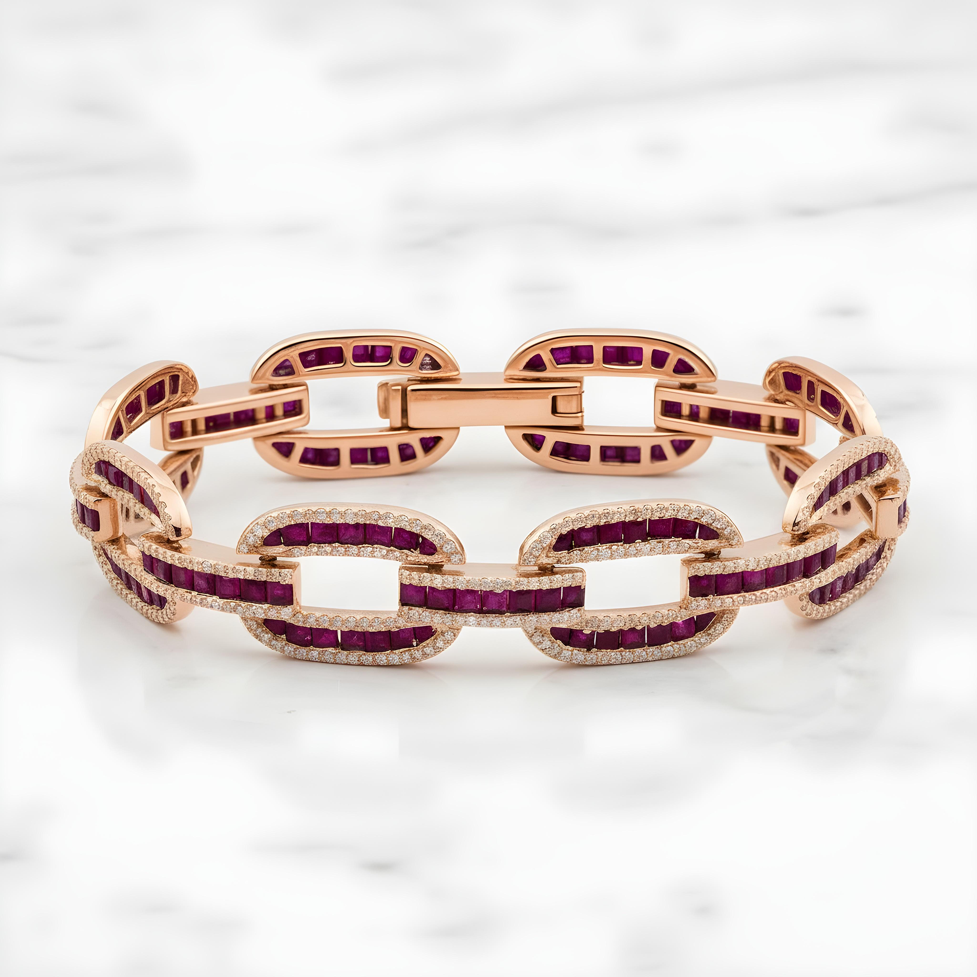14K Yellow Gold Ruby & Diamond Hermes Link Chain Bracelet 12.09ct