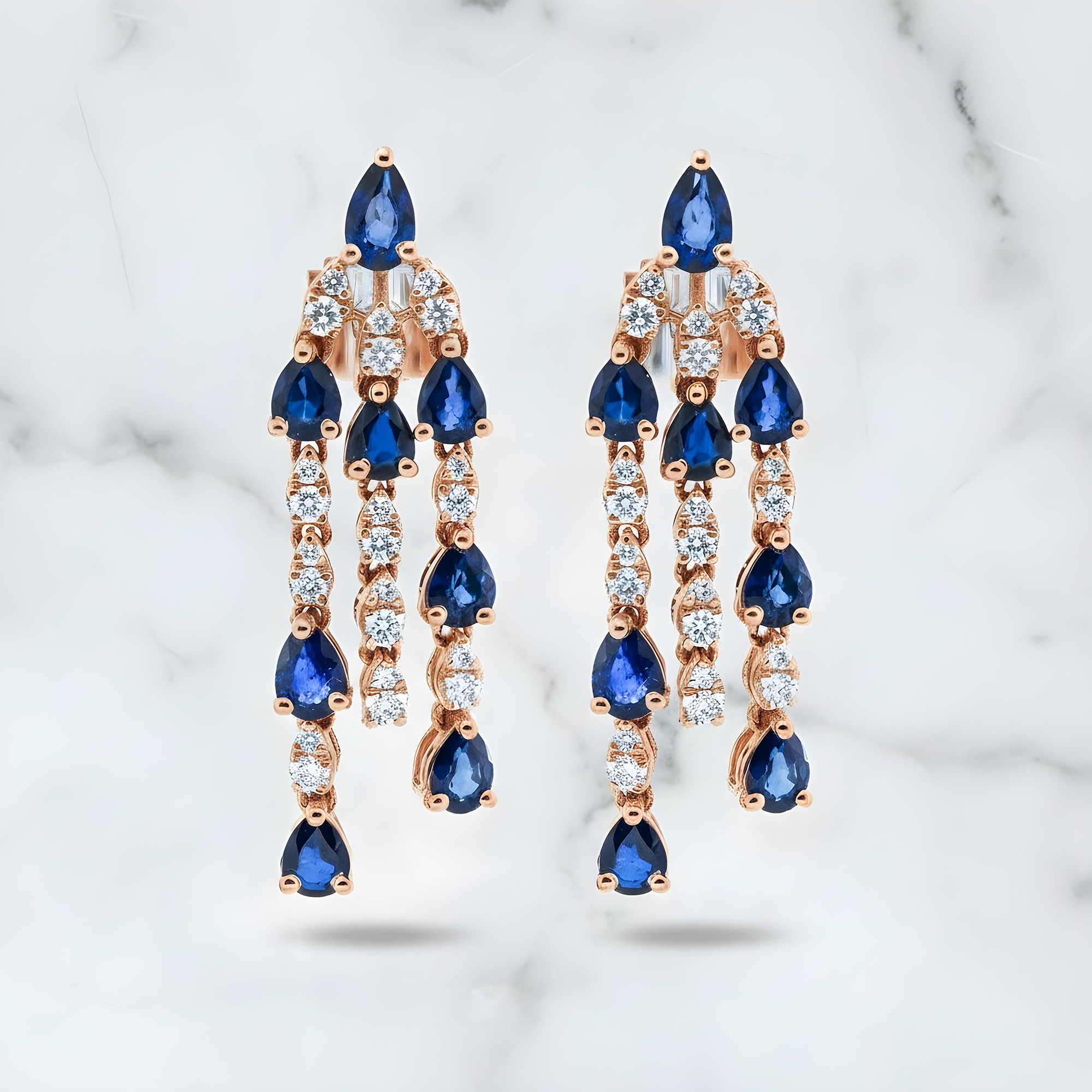 14K White Gold Three Tier Sapphire & Diamond Chandelier Drop Earrings 3.99ctw