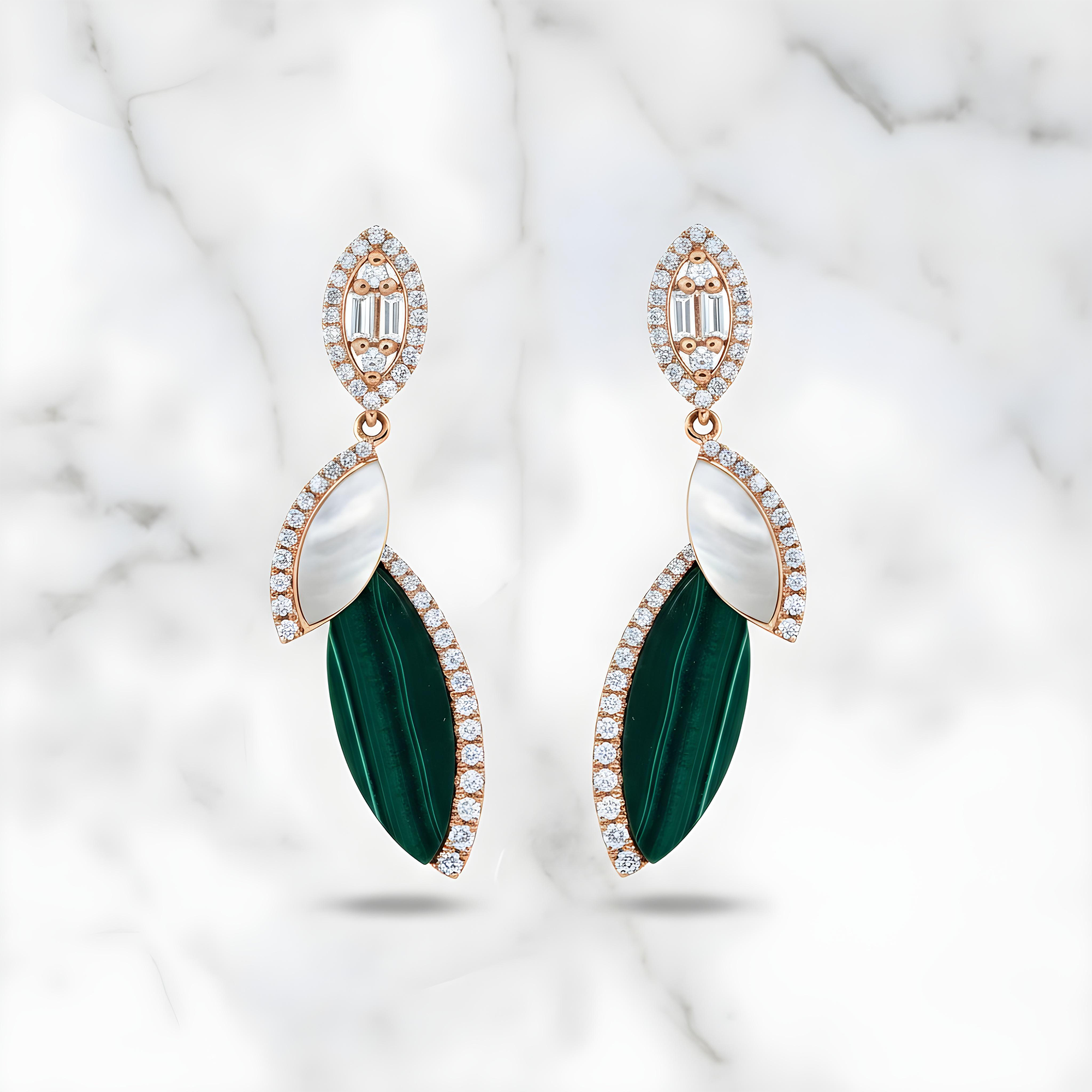 18K Yellow Gold Mother of Pearl/Malachite & Diamond Drop Earrings 0.45ctw