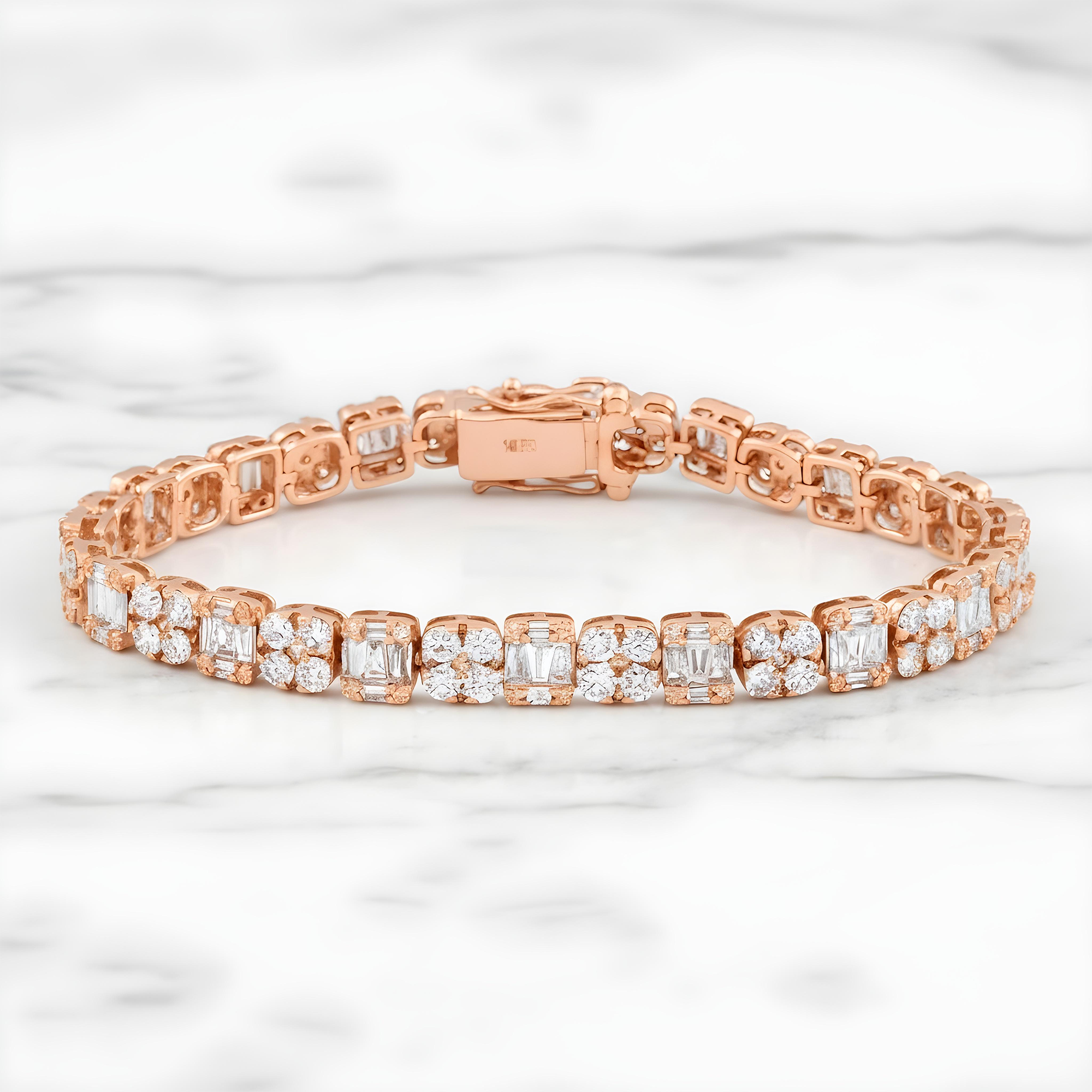 14K White Gold Round & Baguette Cut Diamond Tennis Bracelet 5.37ct