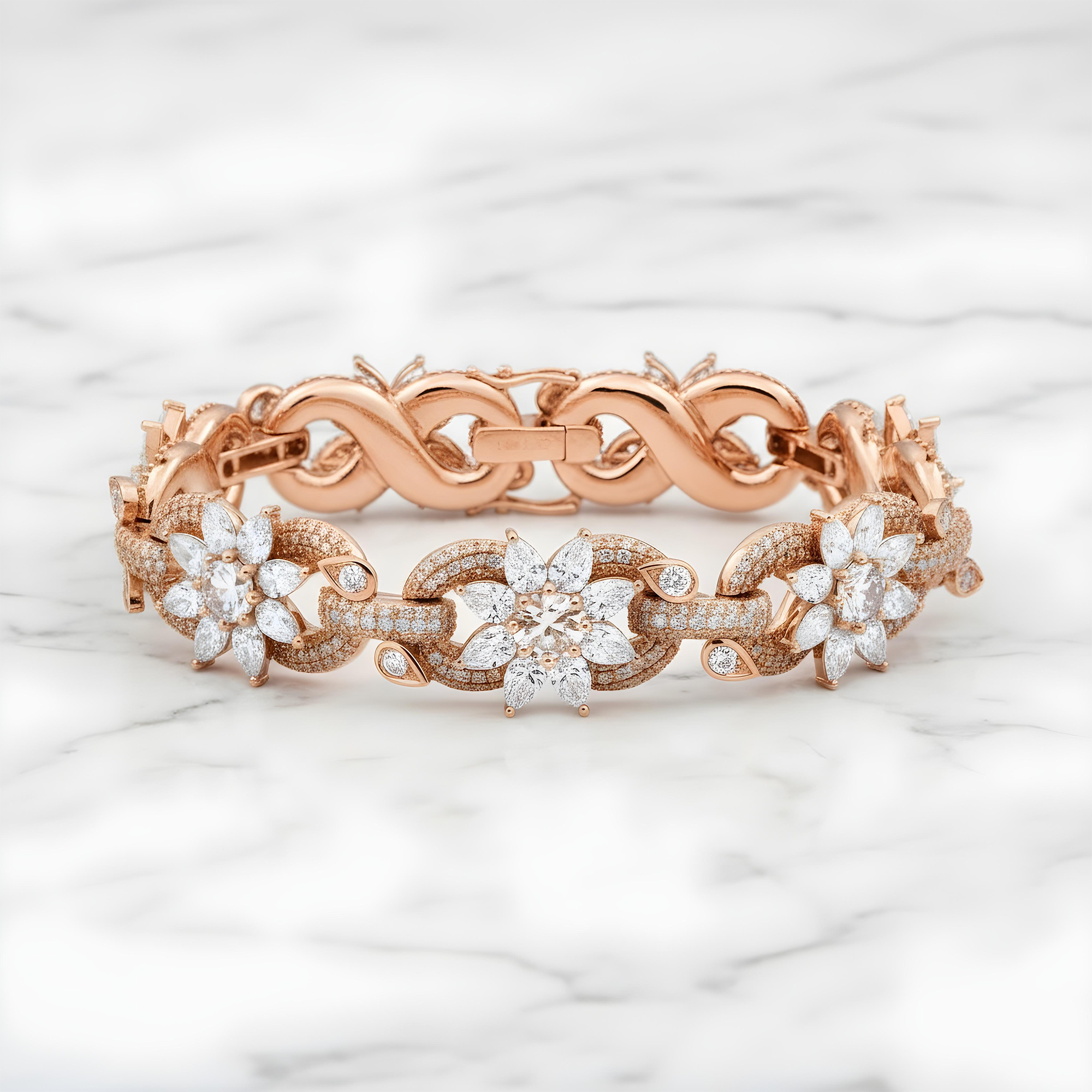 14K White Gold Round & Pear Cut Diamond Flower Bracelet 28.56ct