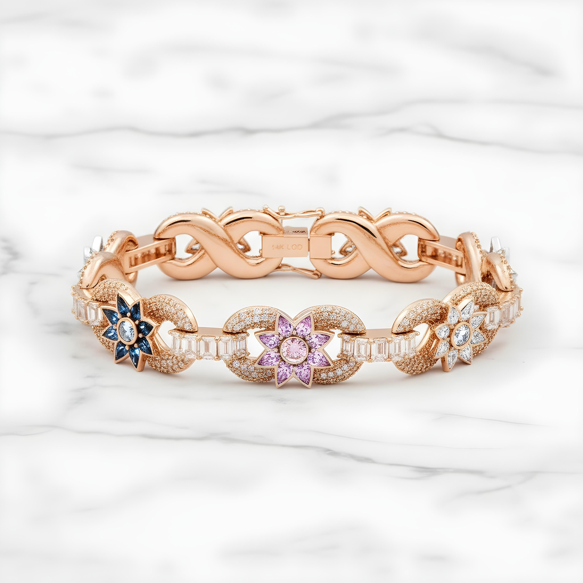 14K Two Tone Fancy Color Round & Pear Cut Diamond Flower Bracelet 20.37ct