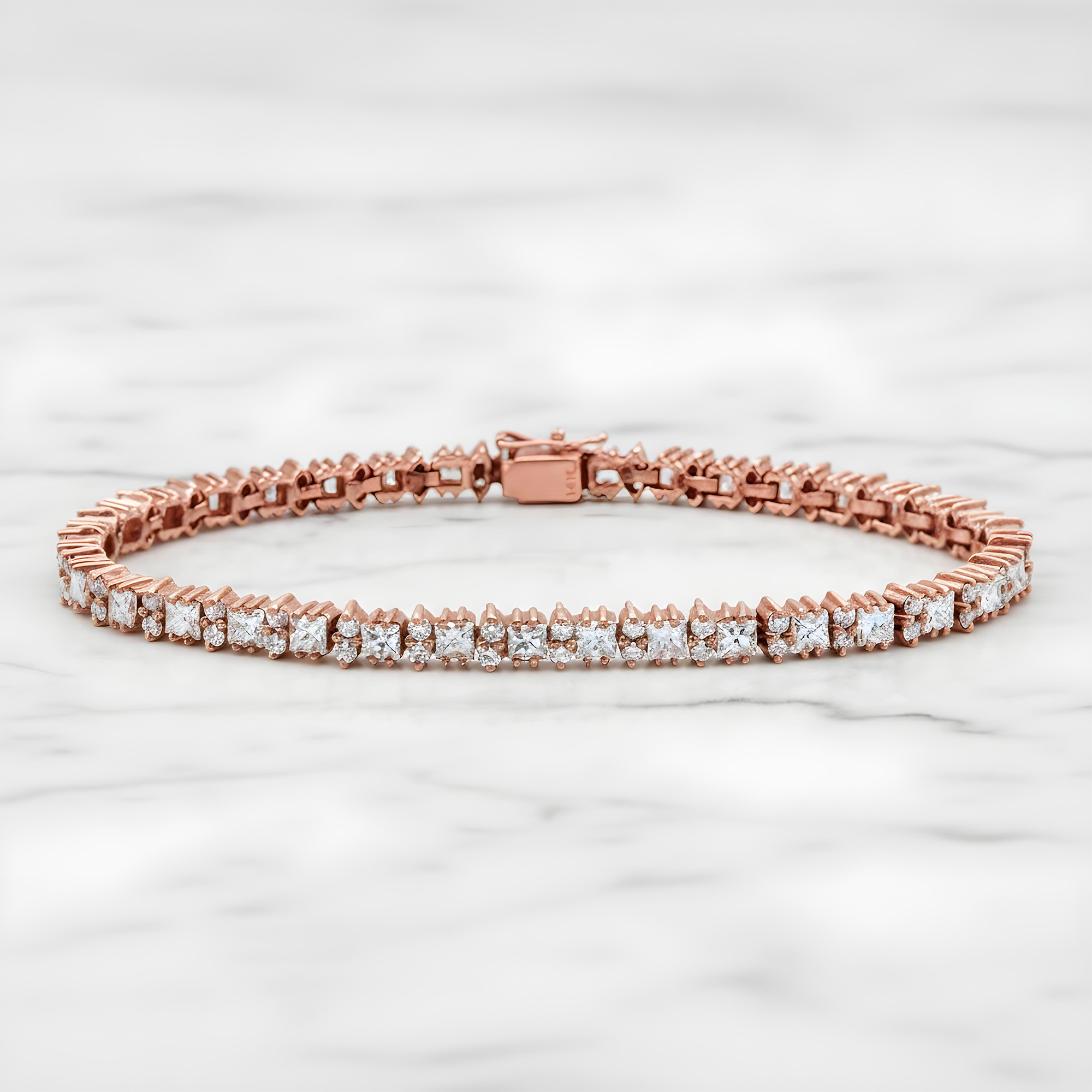 14K Yellow Gold Round & Princess Cut Diamond Tennis Bracelet 7.1ct