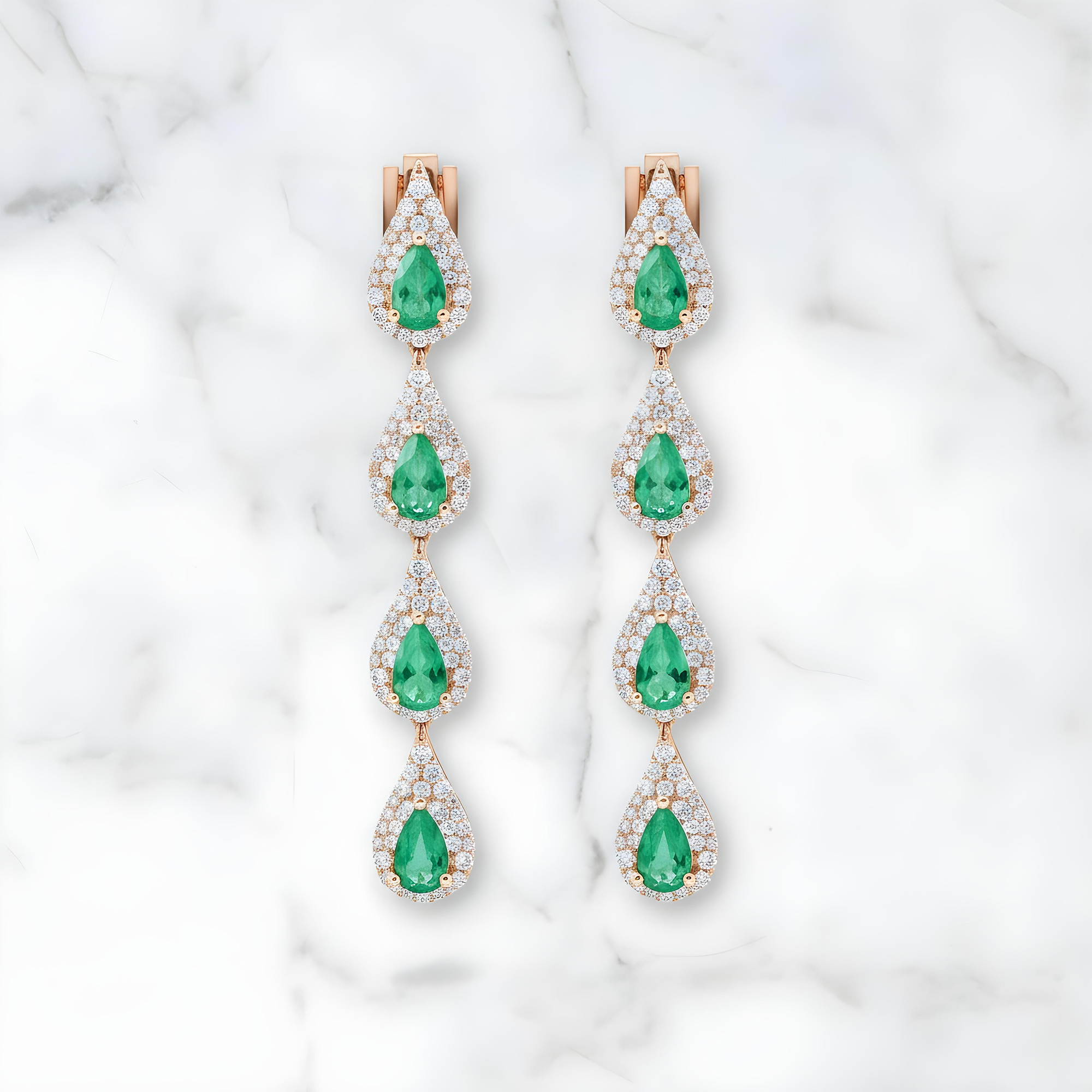 14K Yellow Gold Emerald & Round Diamond Drop Earrings 2.64ctw