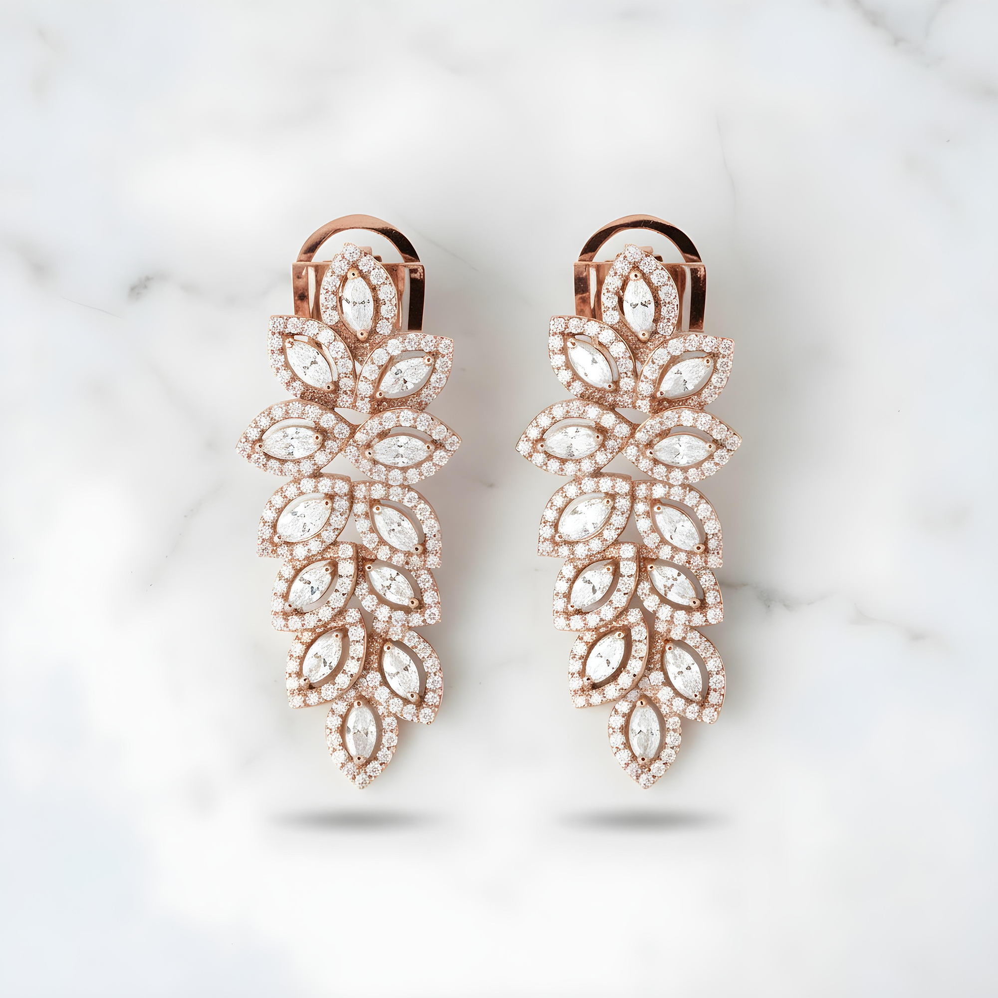 14K Yellow Gold Marquise Cut Diamond Petal Vine Drop Earrings 3.9ctw