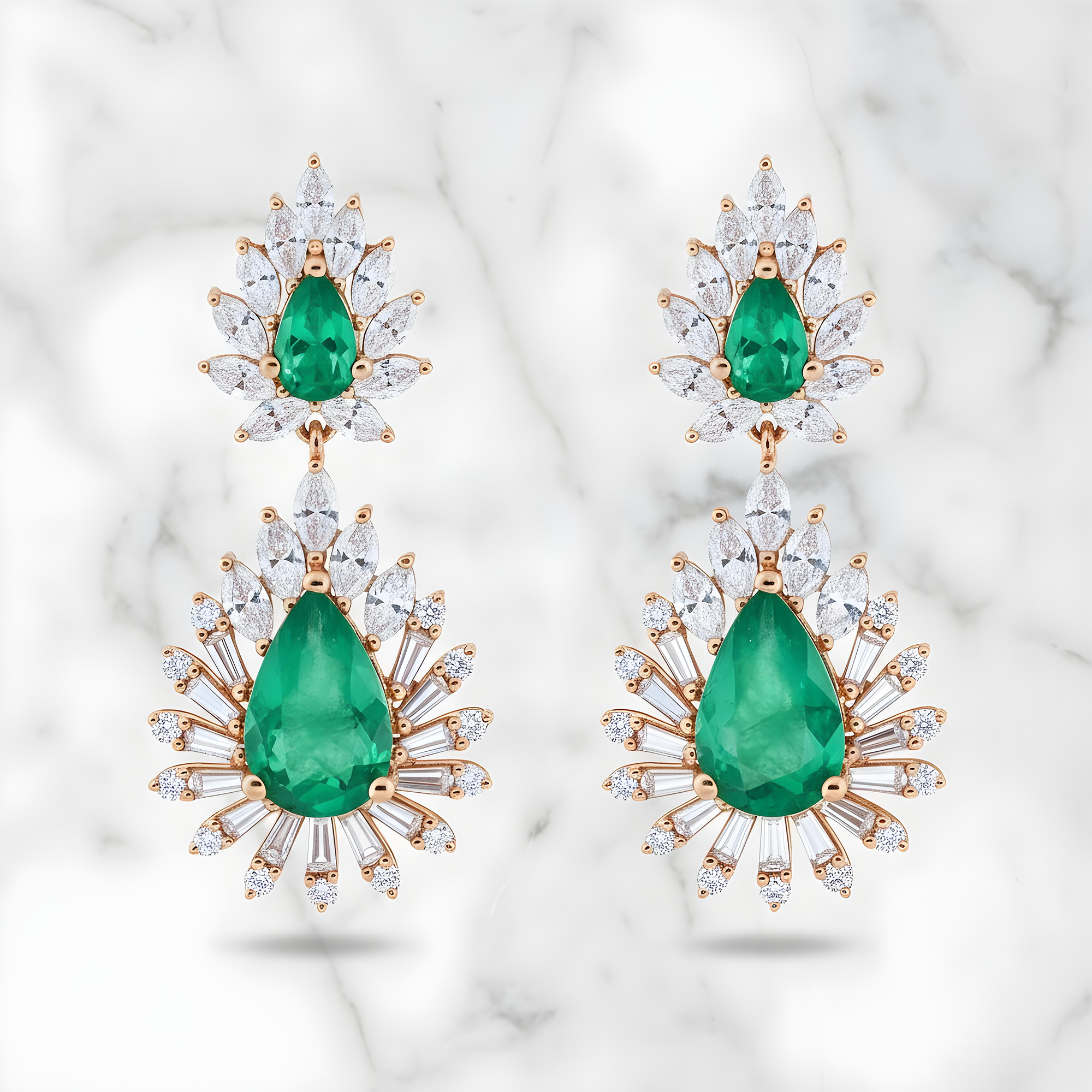 14K White Gold Emerald & Diamond Goddess Drop Earrings 7.41ctw