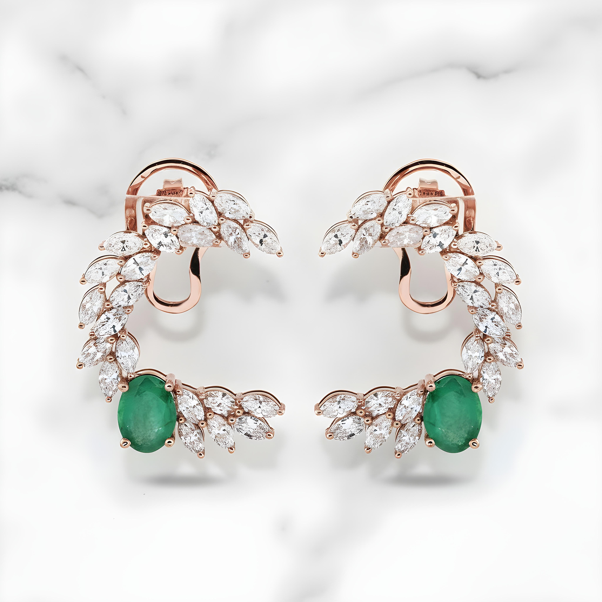 14K Yellow Gold Oval Cut Emerald & Marquise Cut Diamond Open Hoop Earrings 5.92ctw