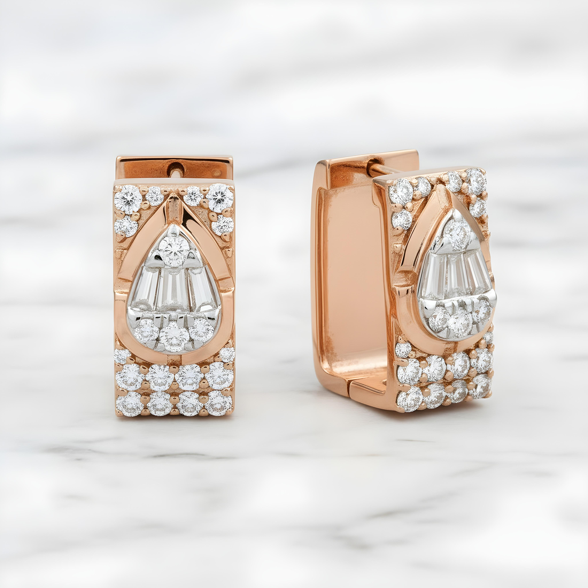 14K Two Tone Baguette & Round Diamond Square Hoop Huggie Earrings 1.20ctw