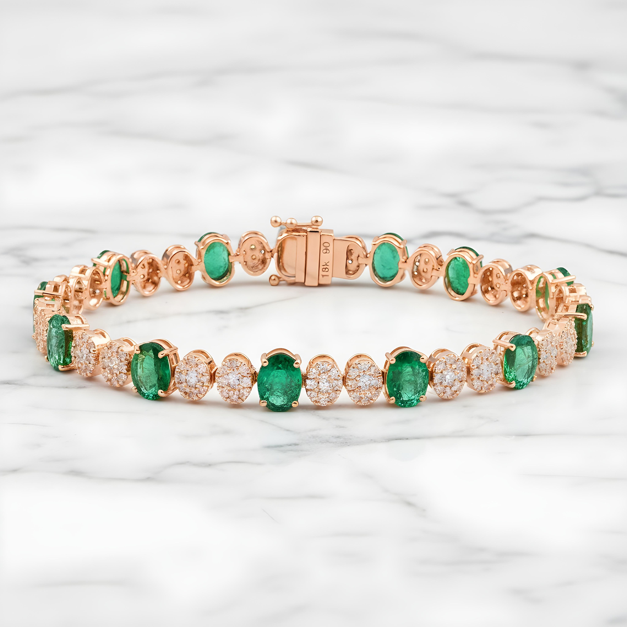 18K White Gold Oval Cut Emerald & Diamond Tennis Bracelet 10.68ct