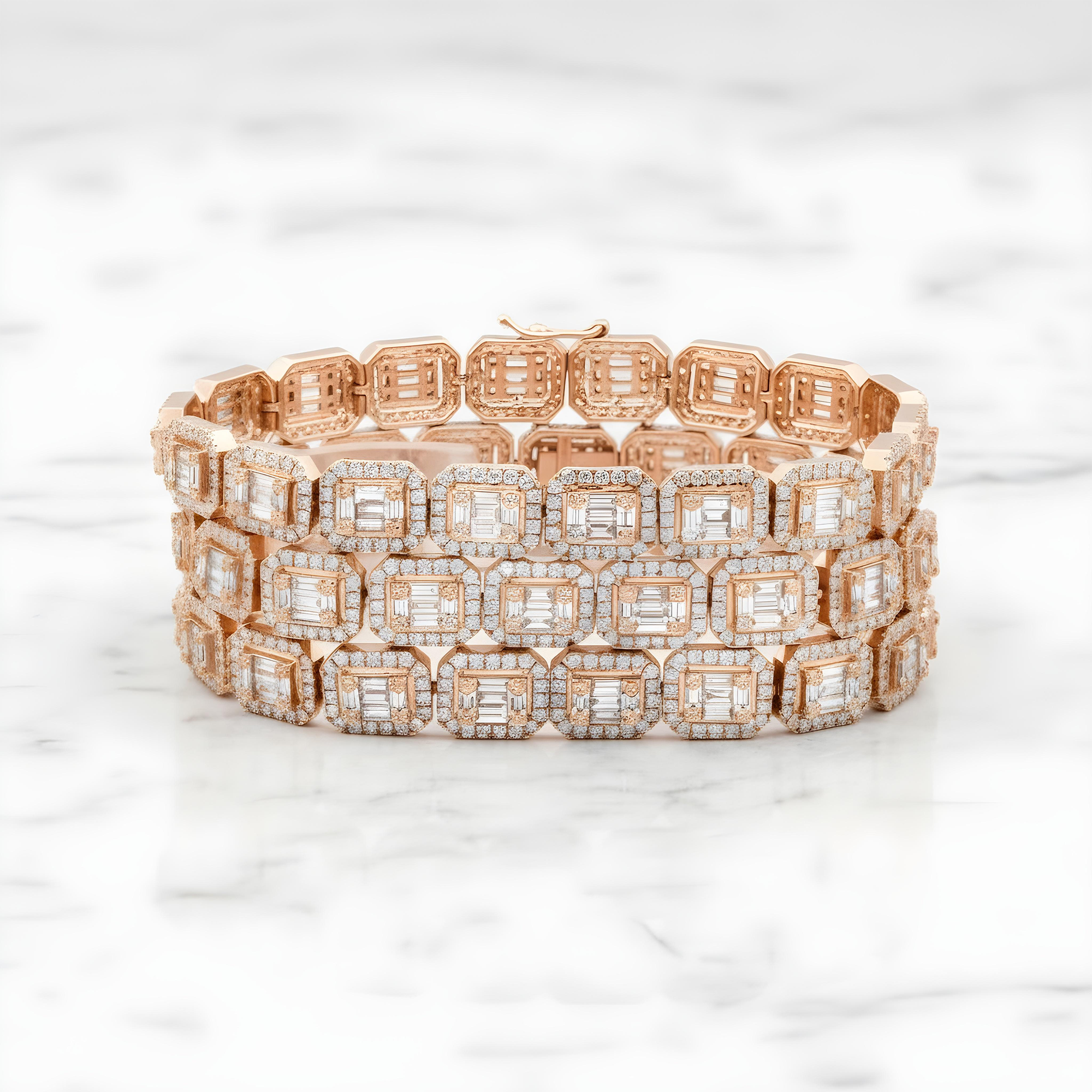 18K White Gold Triple Row Round & Baguette Cut Diamond Bracelet 17.44ct