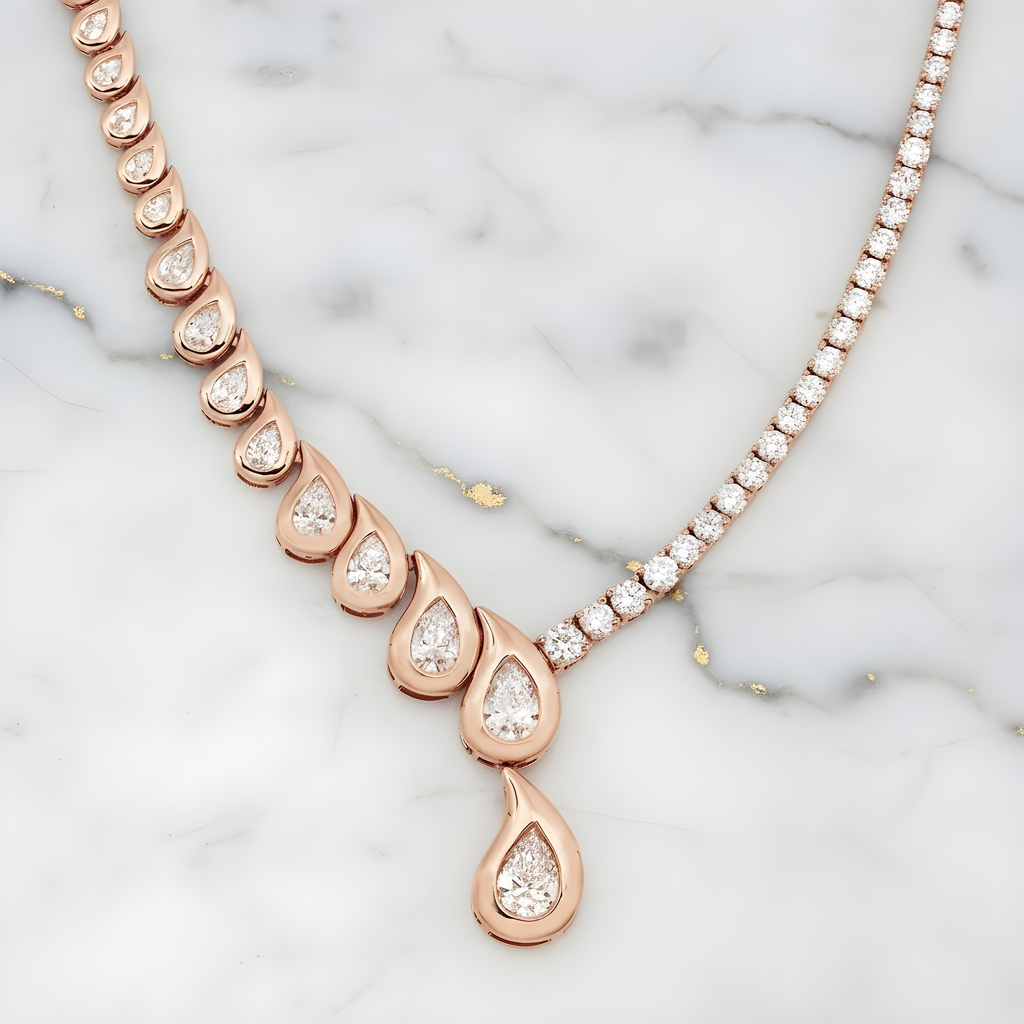 14K Yellow Gold Two Faced Graduated Pear Cut Diamond Drop Necklace 16.66ct