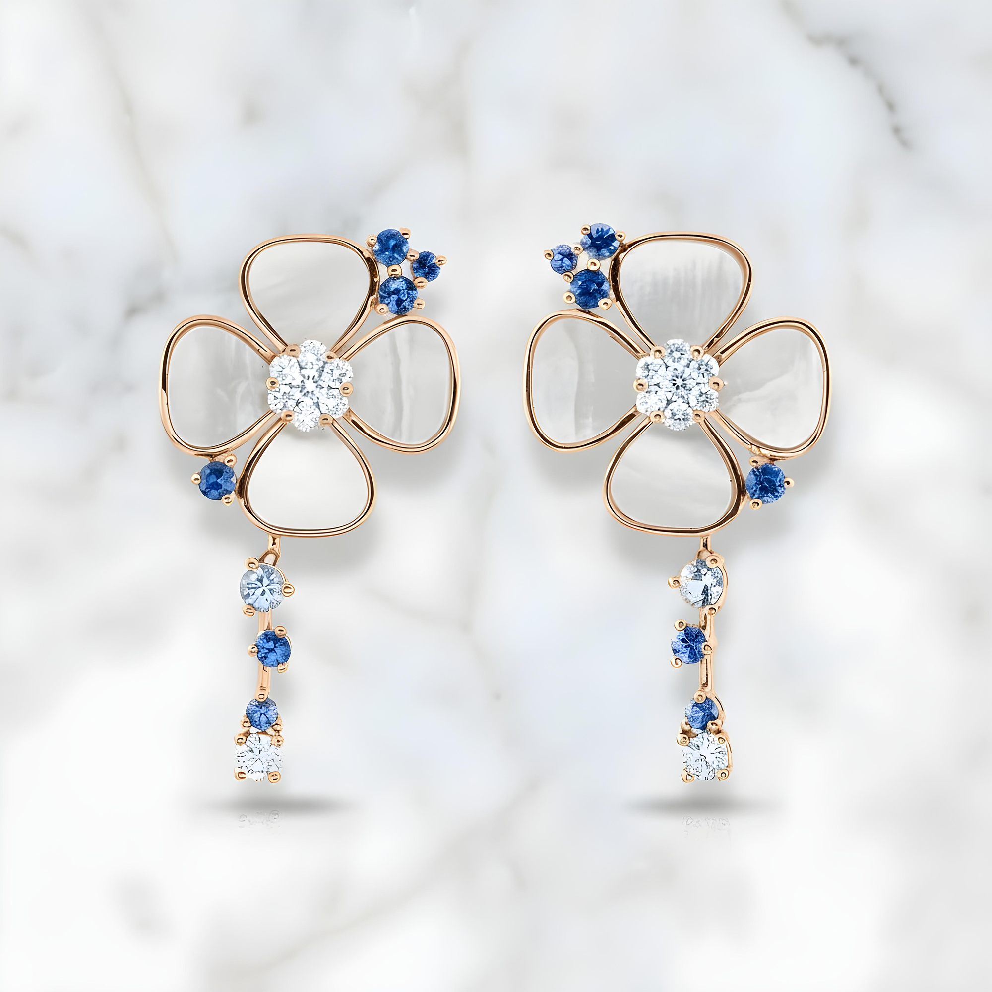 18K Yellow Gold Mother of Pearl/Blue Sapphire & Diamond Flower Drop Earrings 0.52ctw