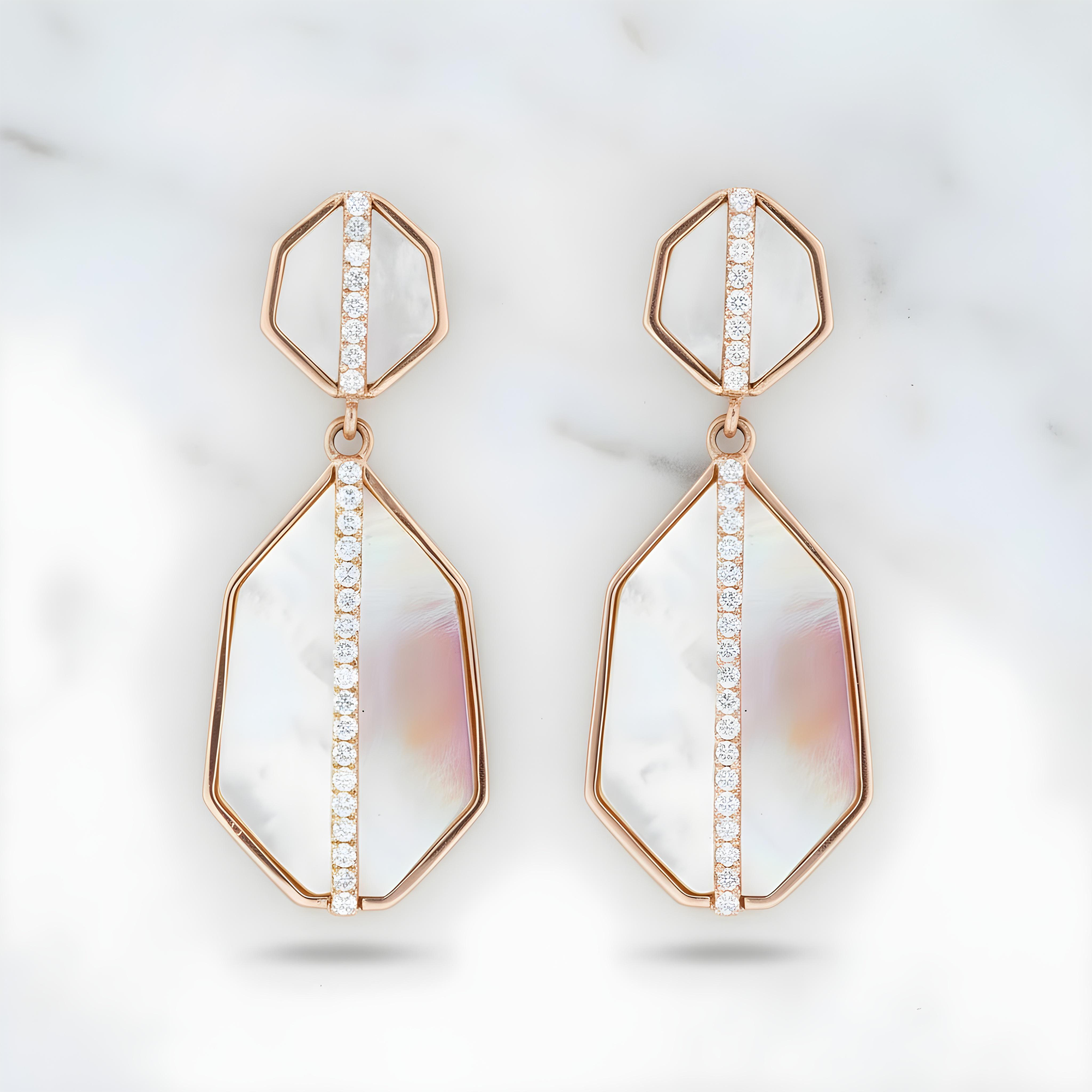 14K Yellow Gold White & Pink Mother of Pearl Diamond Drop Earrings 0.25ctw
