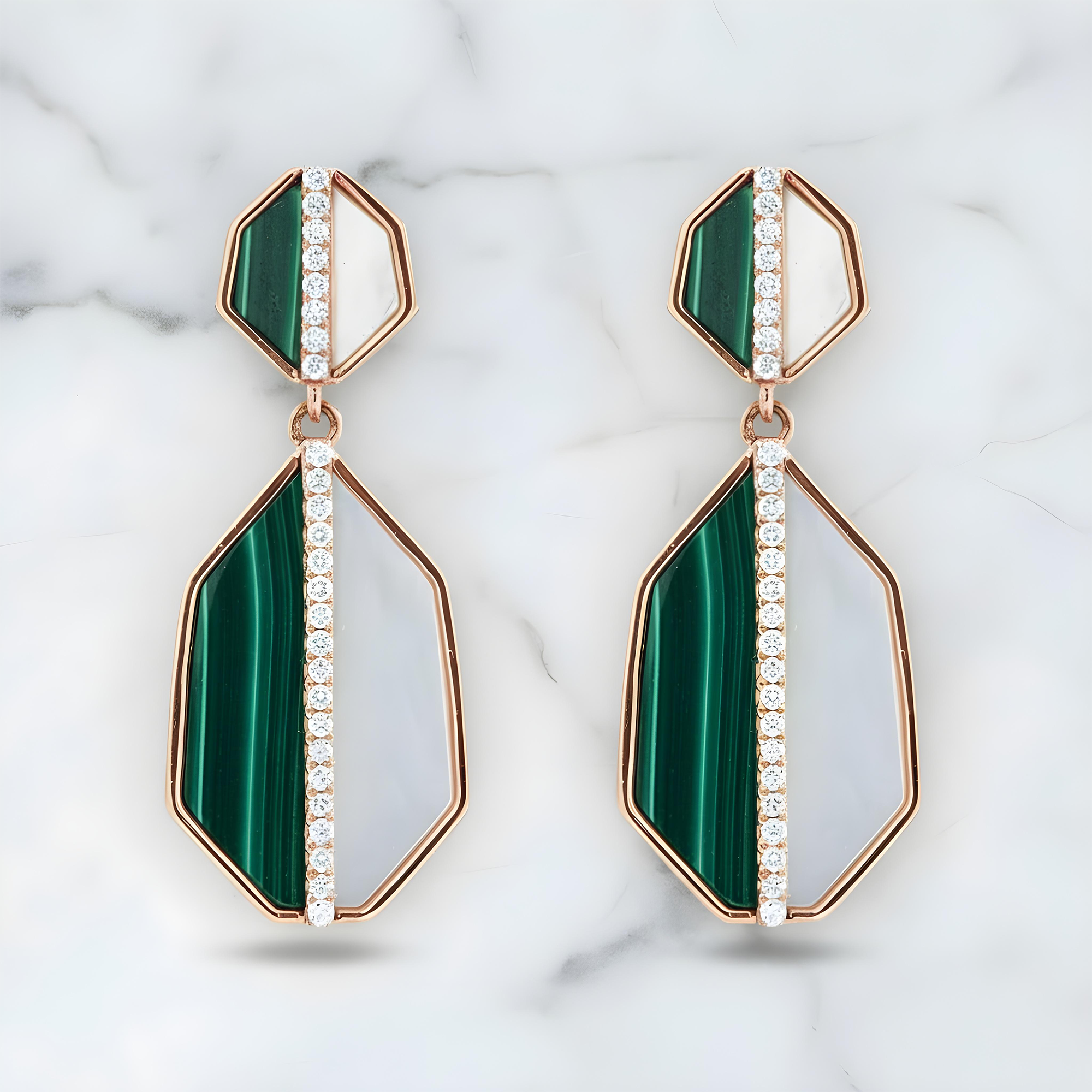 14K Yellow Gold Mother of Pearl/Malachite & Diamond Drop Earrings 0.25ctw