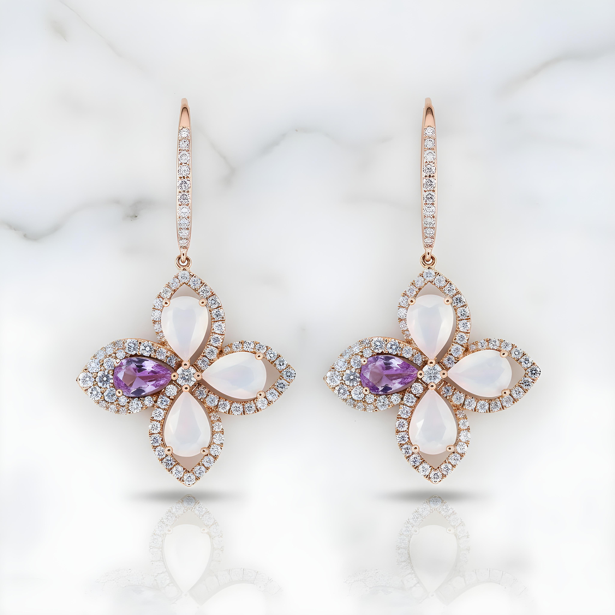 18K Rose Gold Pink Sapphire/Quartz & Diamond Flower Drop Earrings 1.30ctw