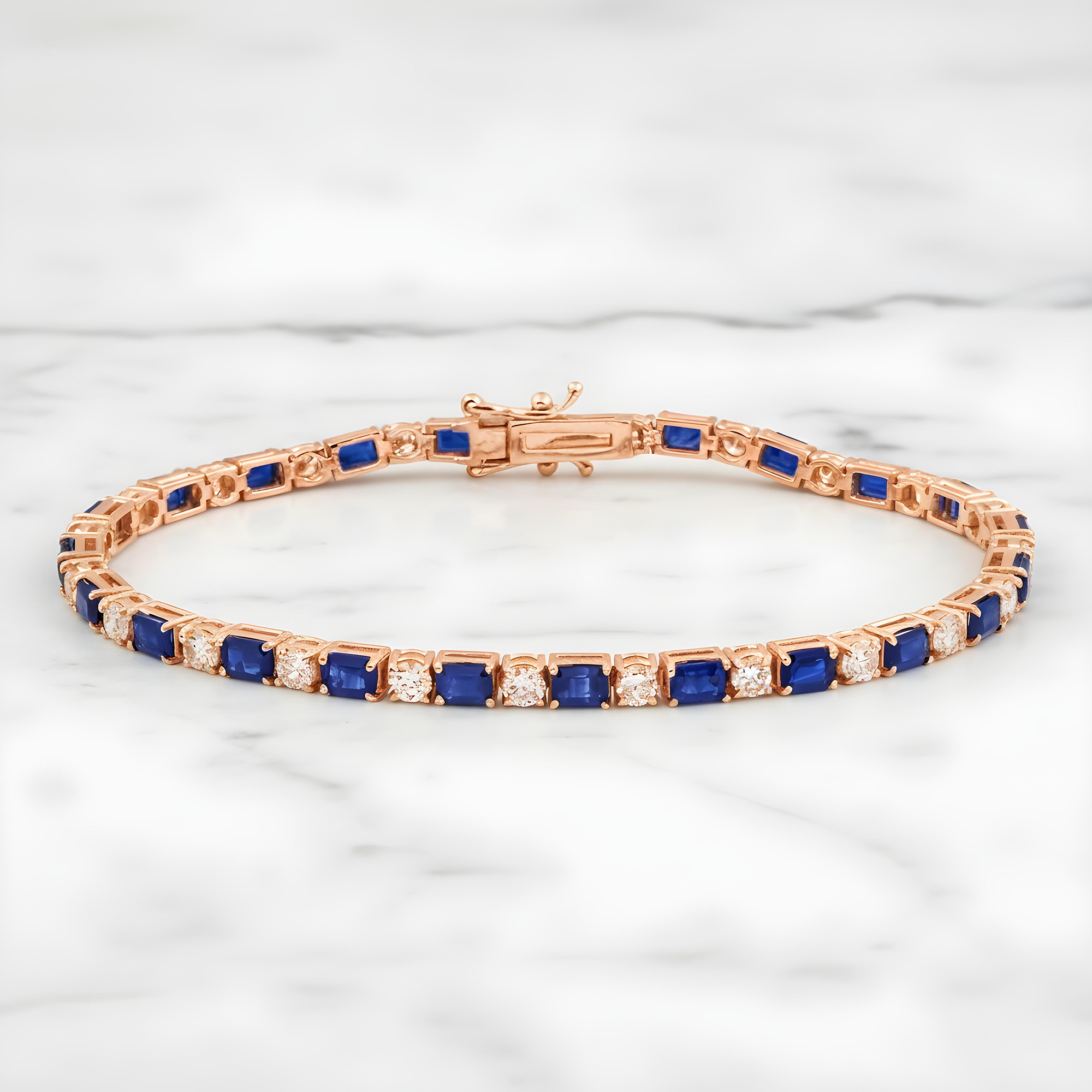 14K White Gold Emerald Cut Sapphire & Round Diamond Tennis Bracelet 6.49ct