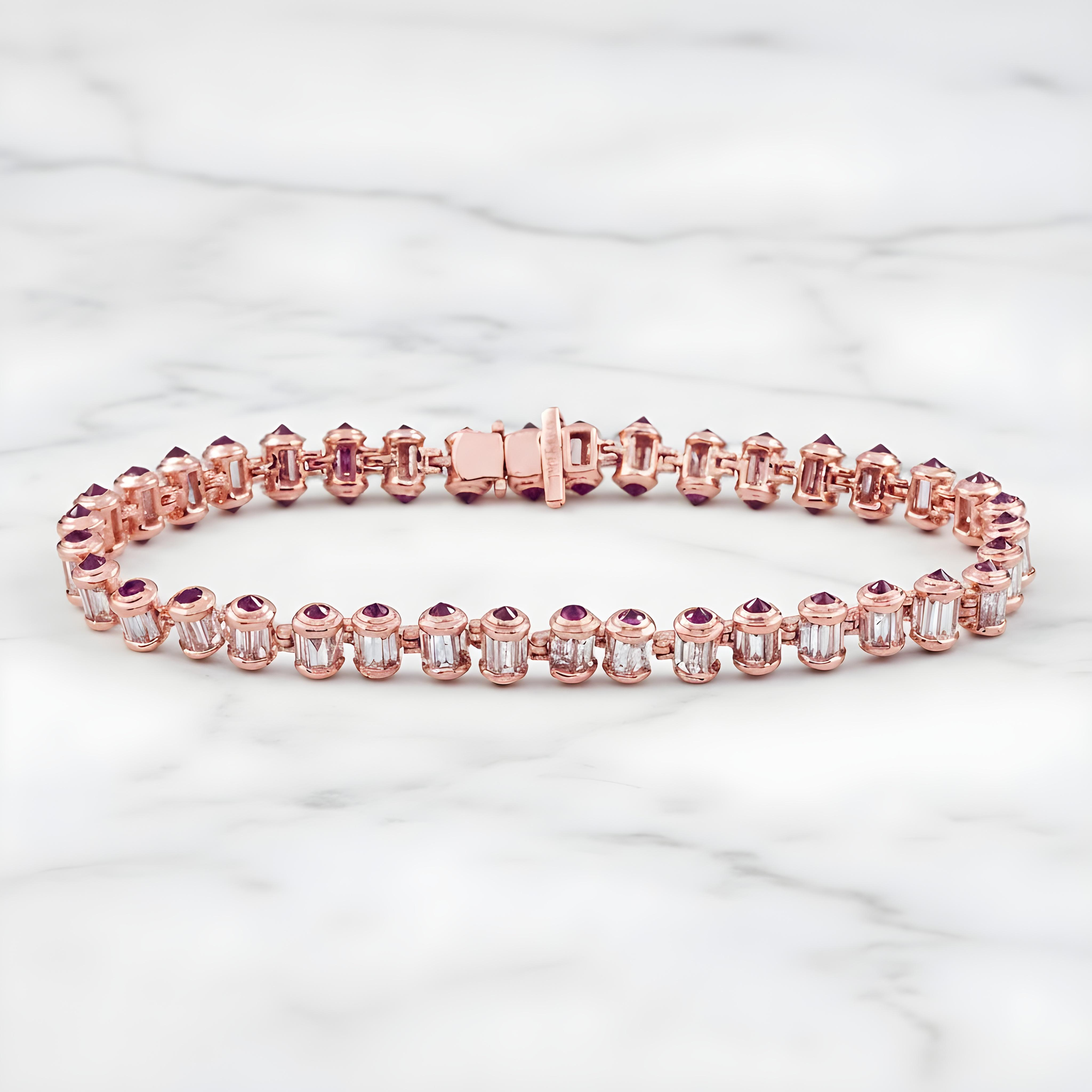 14K Yellow Gold Ruby & Baguette Cut Diamond Tennis Bracelet 7.71ct