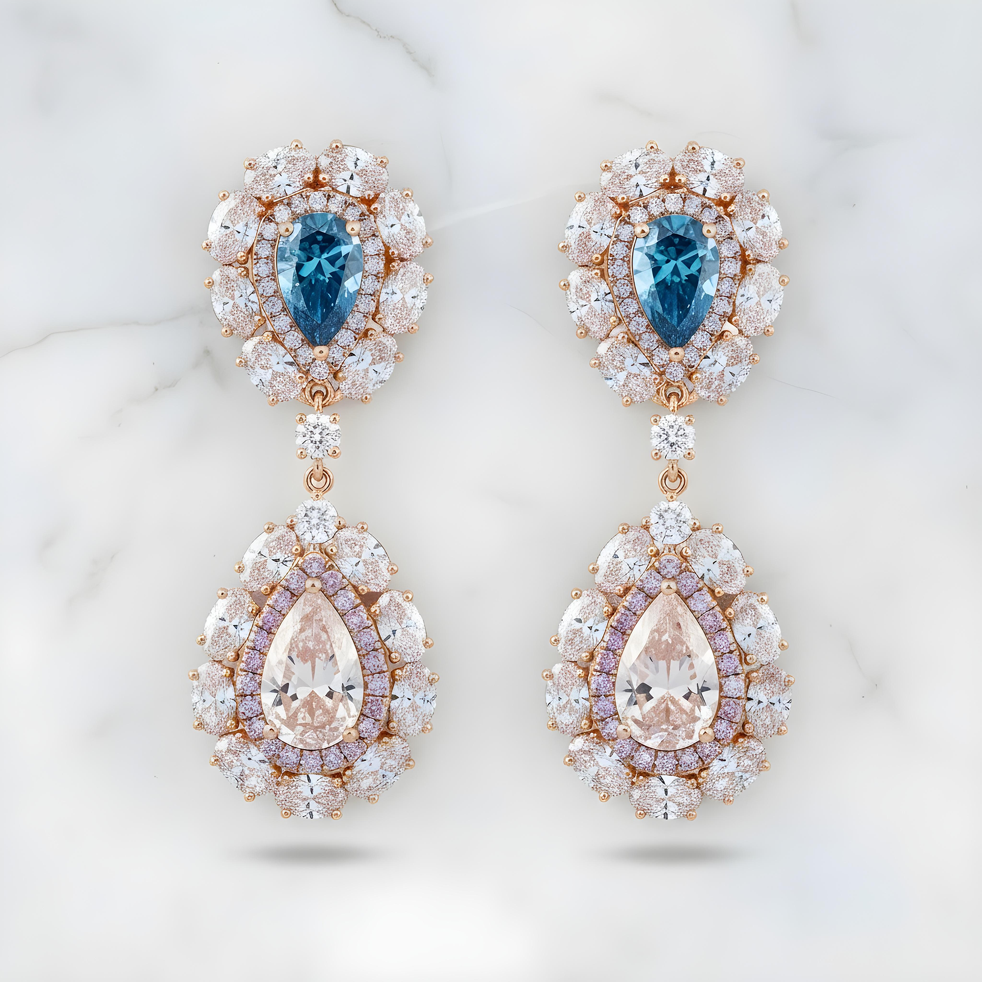14K White Gold Multi Cut Fancy Pink & Blue Diamond Drop Earrings 14.02ctw