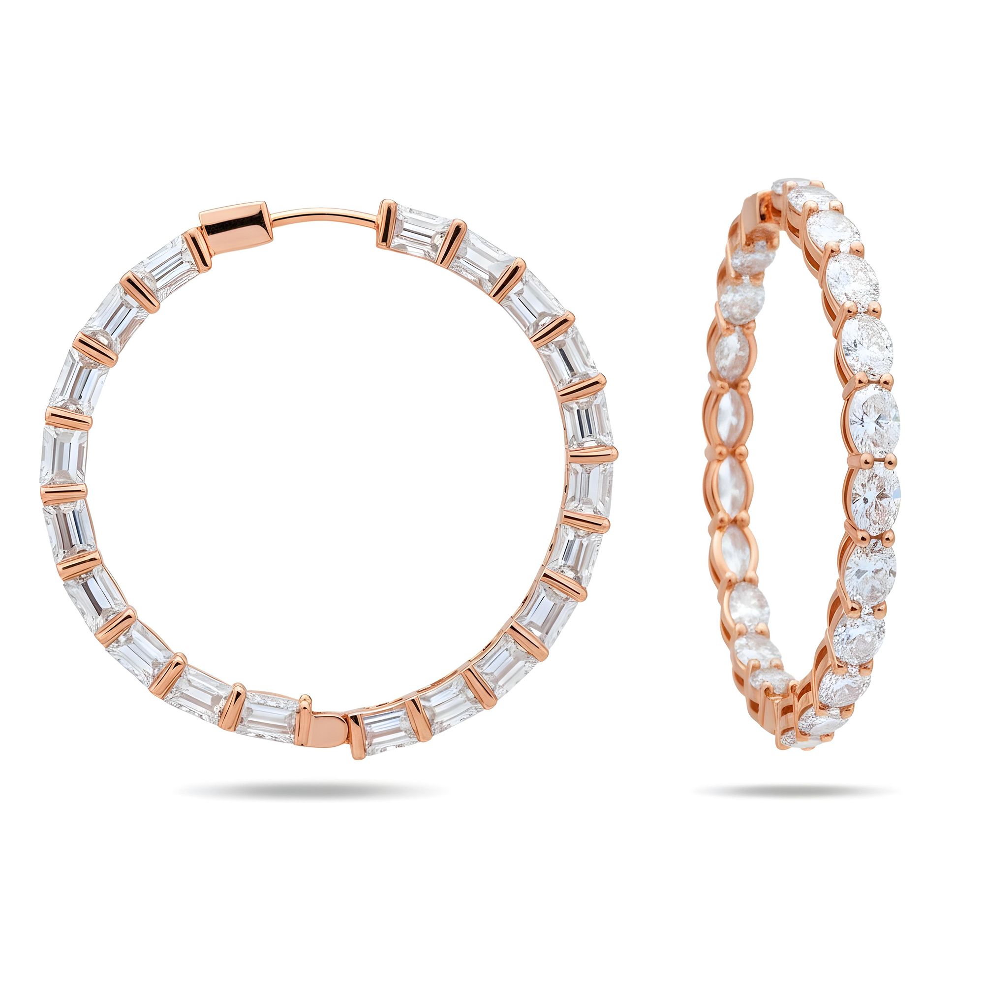 14K White Gold Oval Diamond Inside Out Diamond Hoops Earrings 9.60ctw