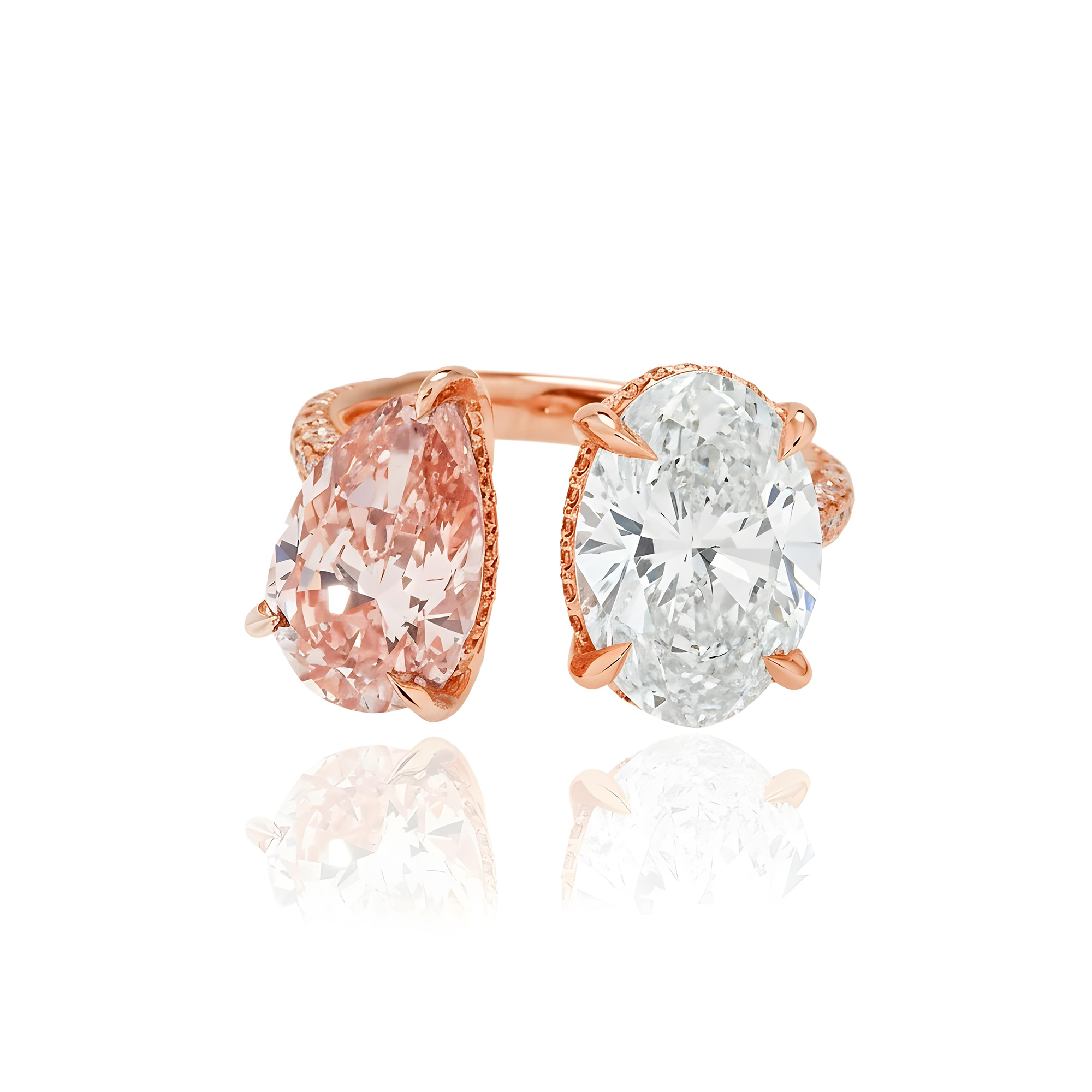 18K White Gold Oval Cut & Fancy Pink Pear Cut Double Diamond Toi et Moi Ring 7.93ctw