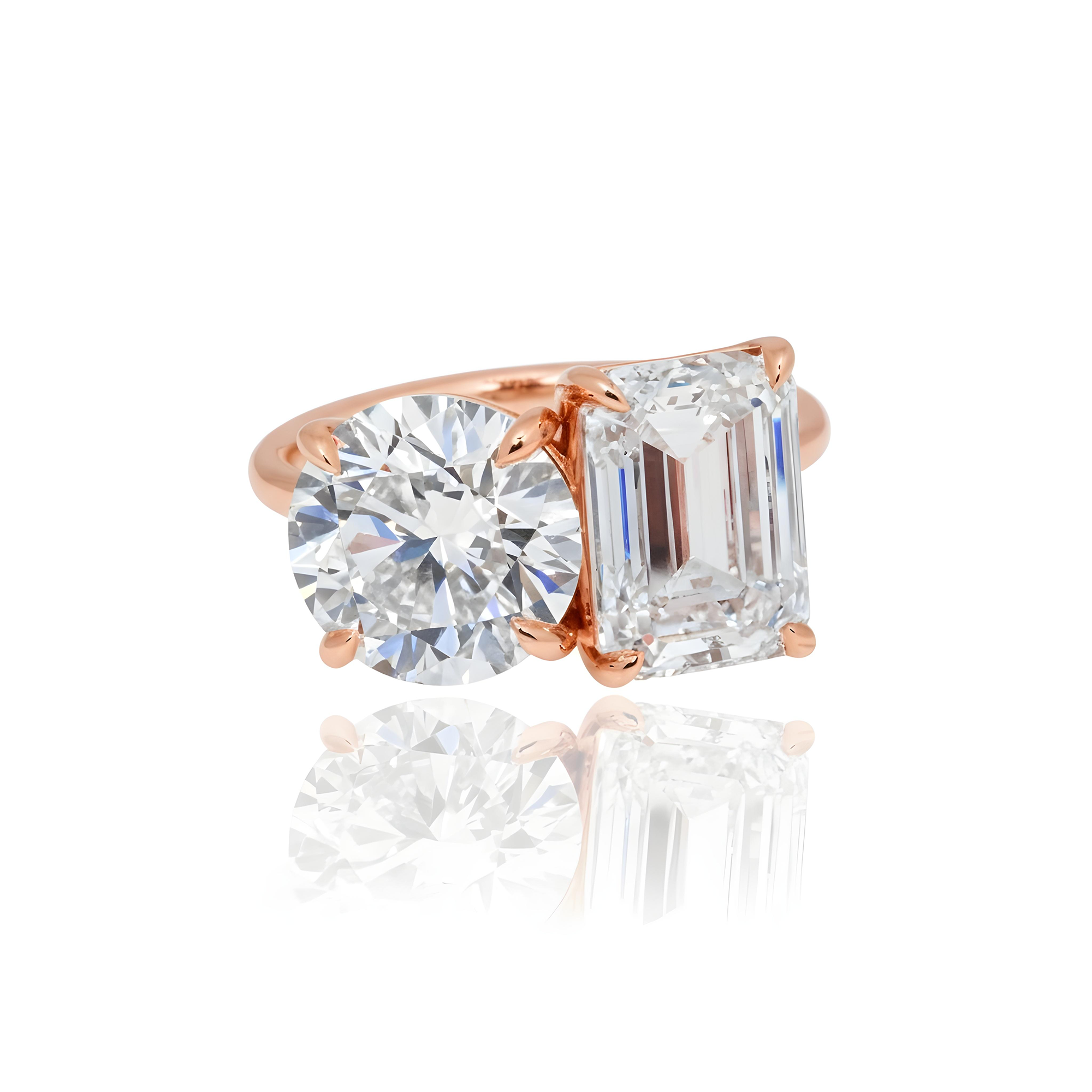 18K White Gold Round & Emerald Cut Double Diamond Toi et Moi Ring 7.52ctw