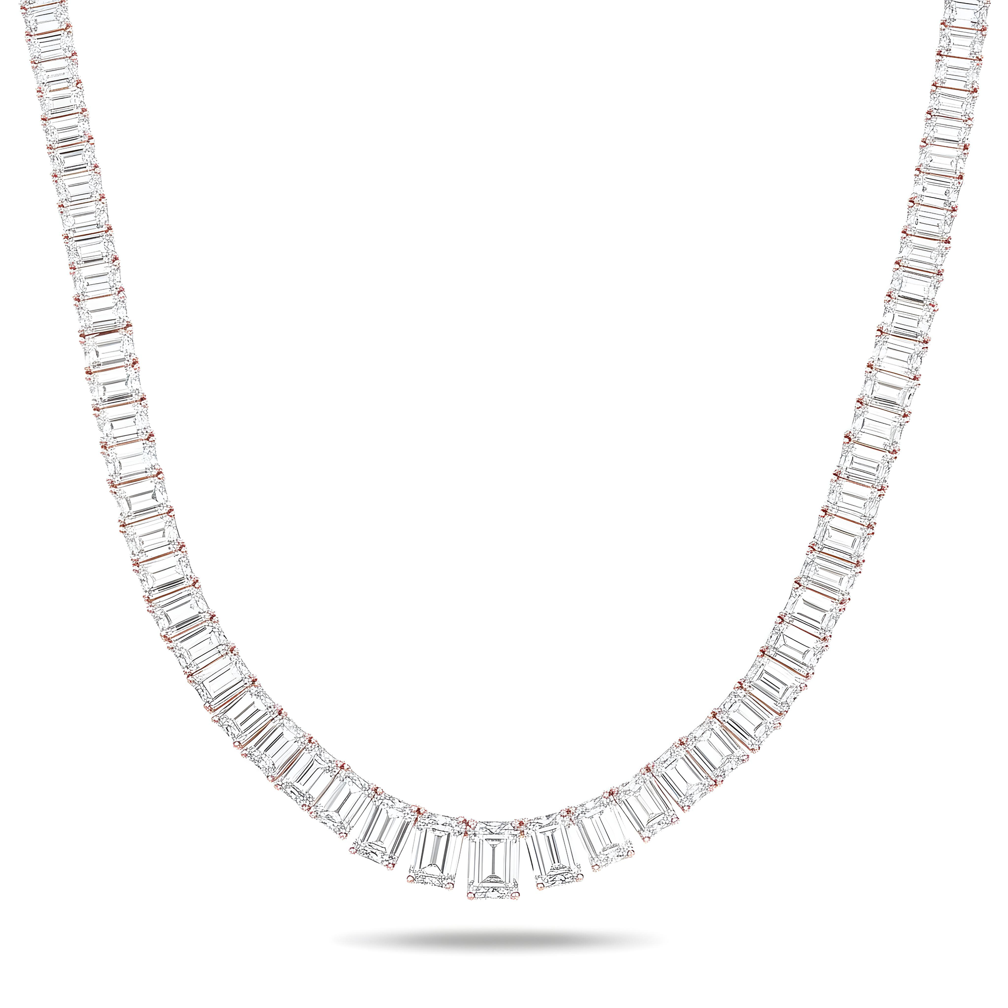 Platinum Graduated Emerald Cut Diamond Tennis Necklace 101.23ct