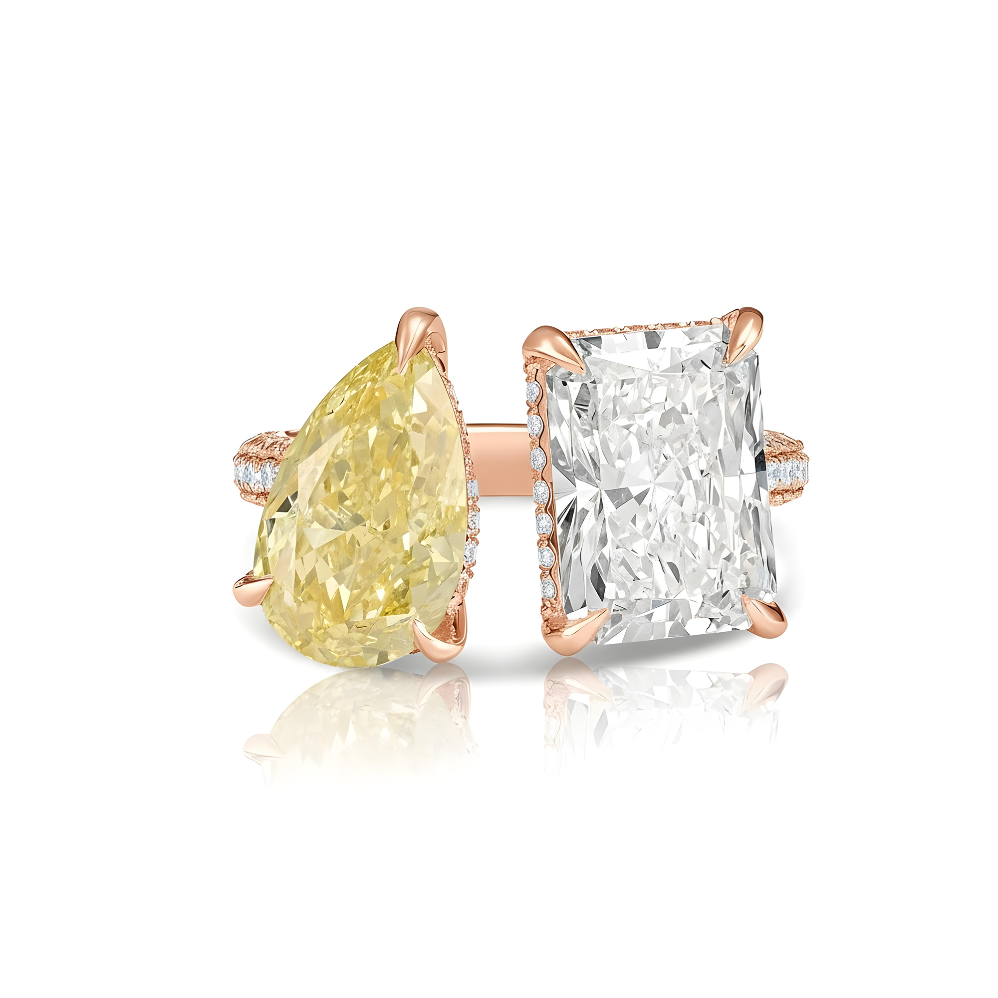 18K White Gold Radiant Cut & Fancy Yellow Pear Cut Diamond Toi et Moi Ring 8.25ctw