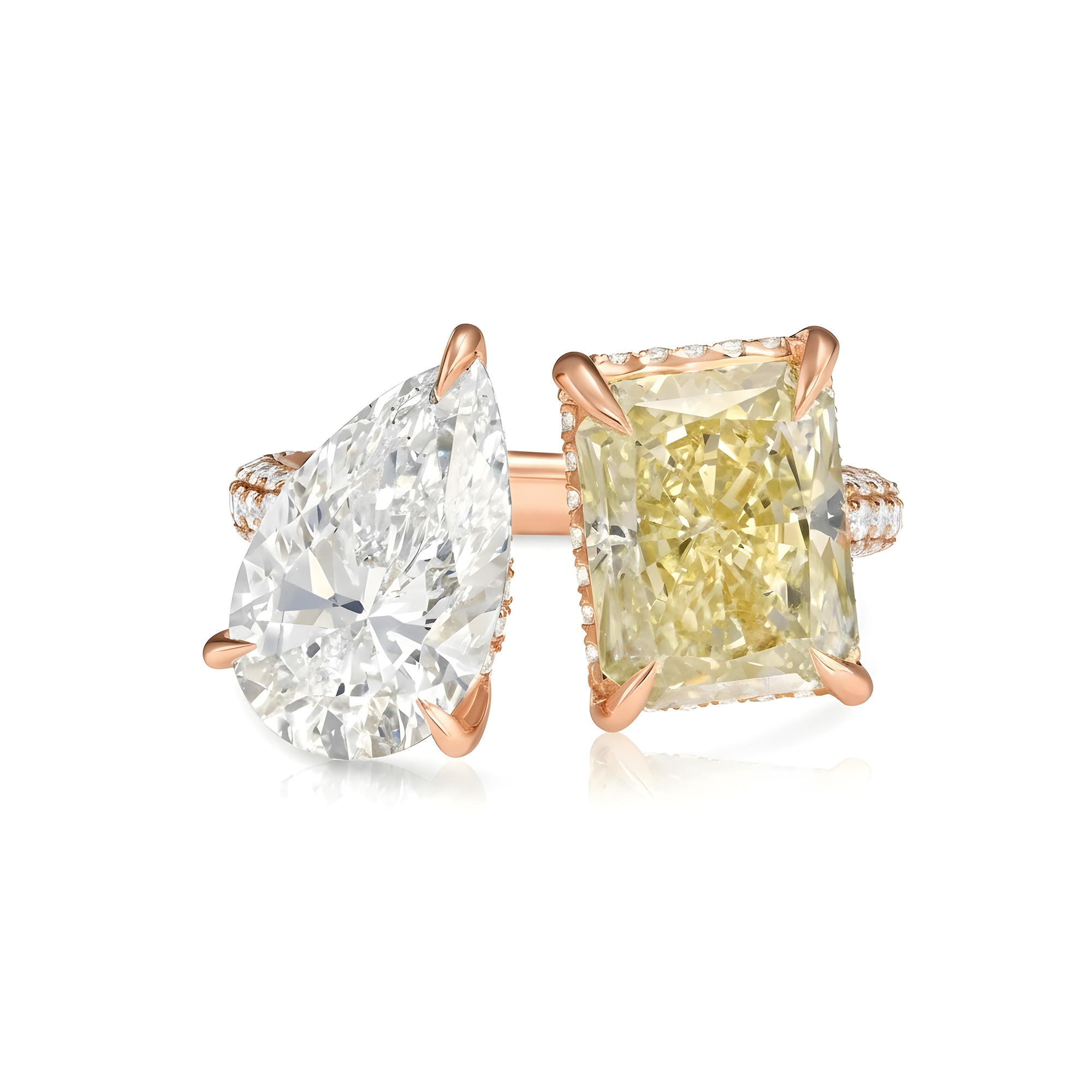 18K Yellow Gold Pear Cut & Fancy Yellow Radiant Cut Diamond Toi et Moi Ring 7.27ctw