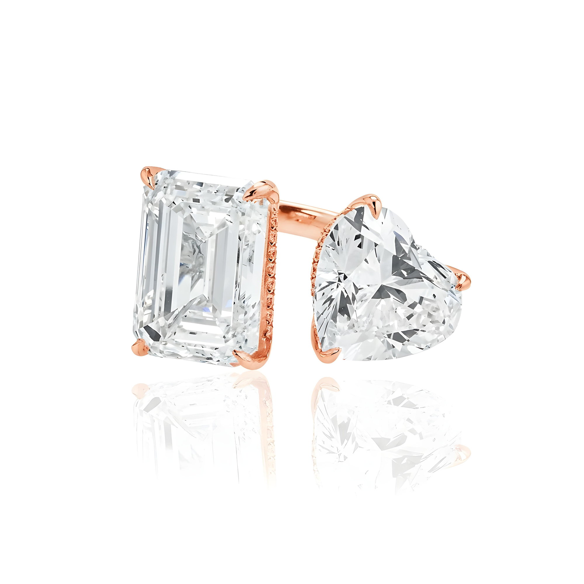 18K White Gold Emerald & Heart Cut Double Diamond Toi et Moi Ring 17.64ctw