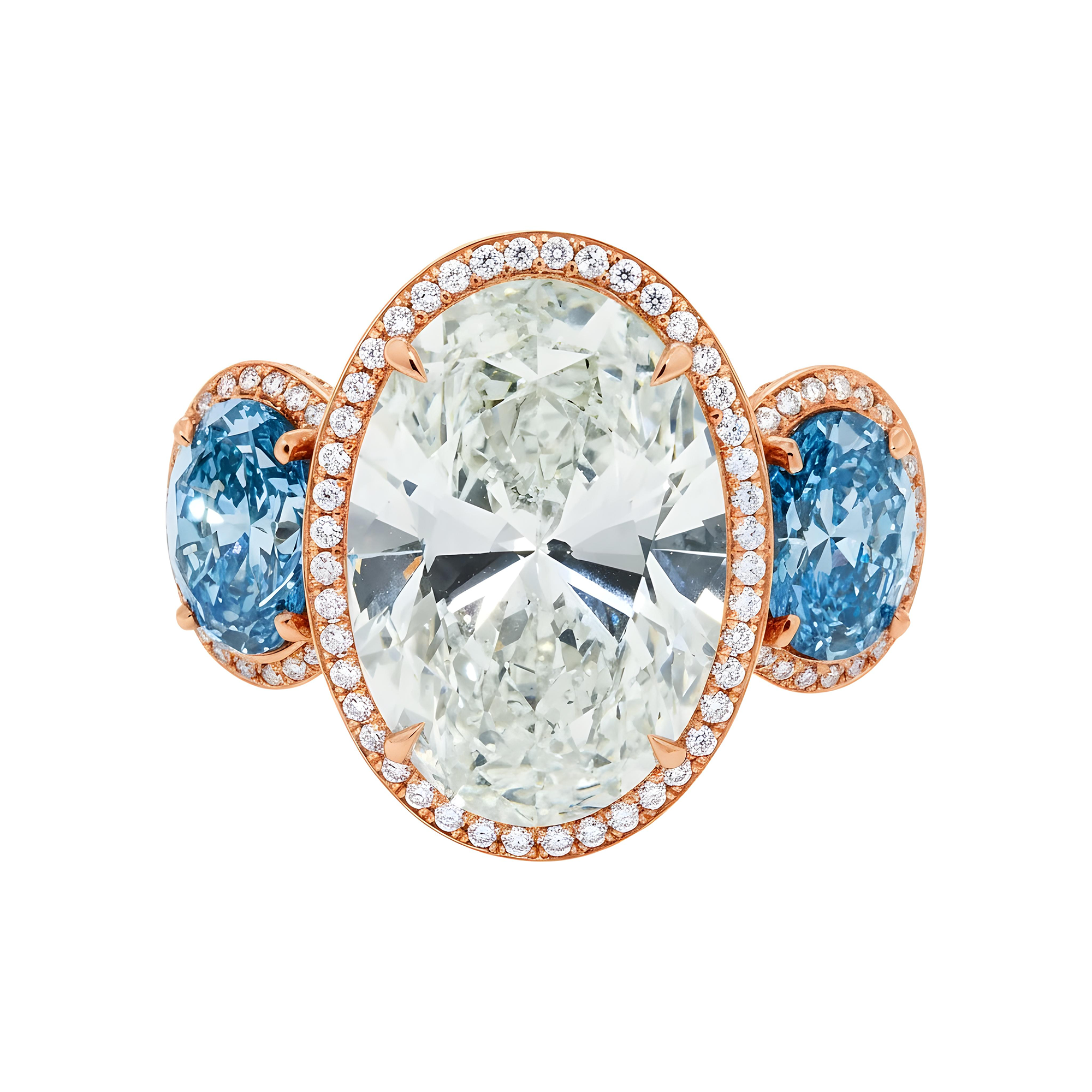 Platinum 13.14ct Oval Cut White & Fancy Blue Triple Diamond Ring 18.15ctw