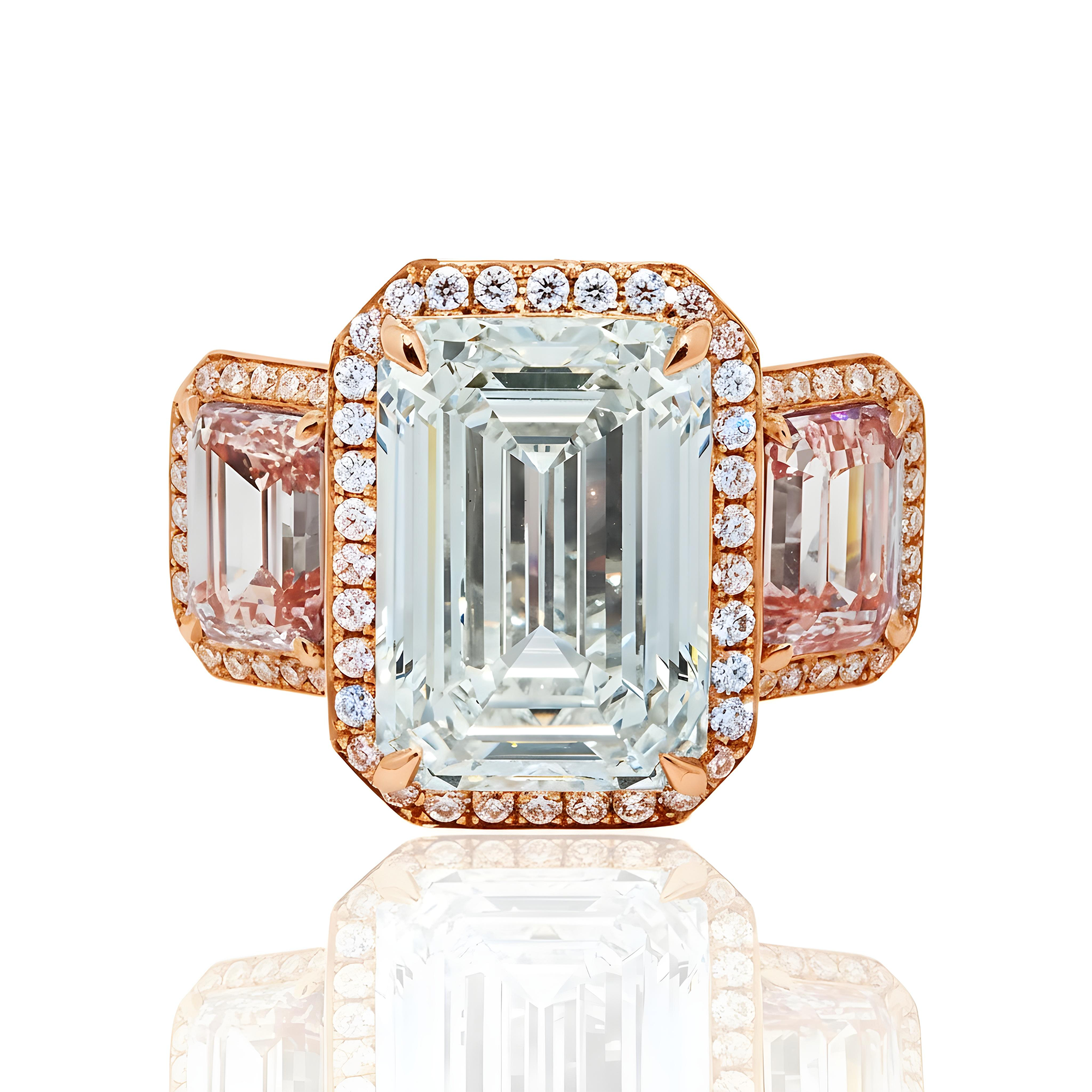 Platinum 10.24ct Emerald White & Fancy Pink Triple Diamond Ring 15.48ctw