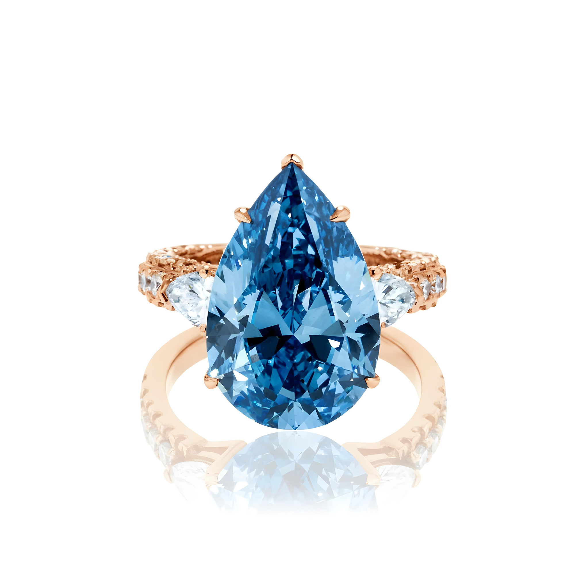 18K White Gold 10.10ct Pear Cut Fancy Blue Vivid Diamond Ring 12.90ctw