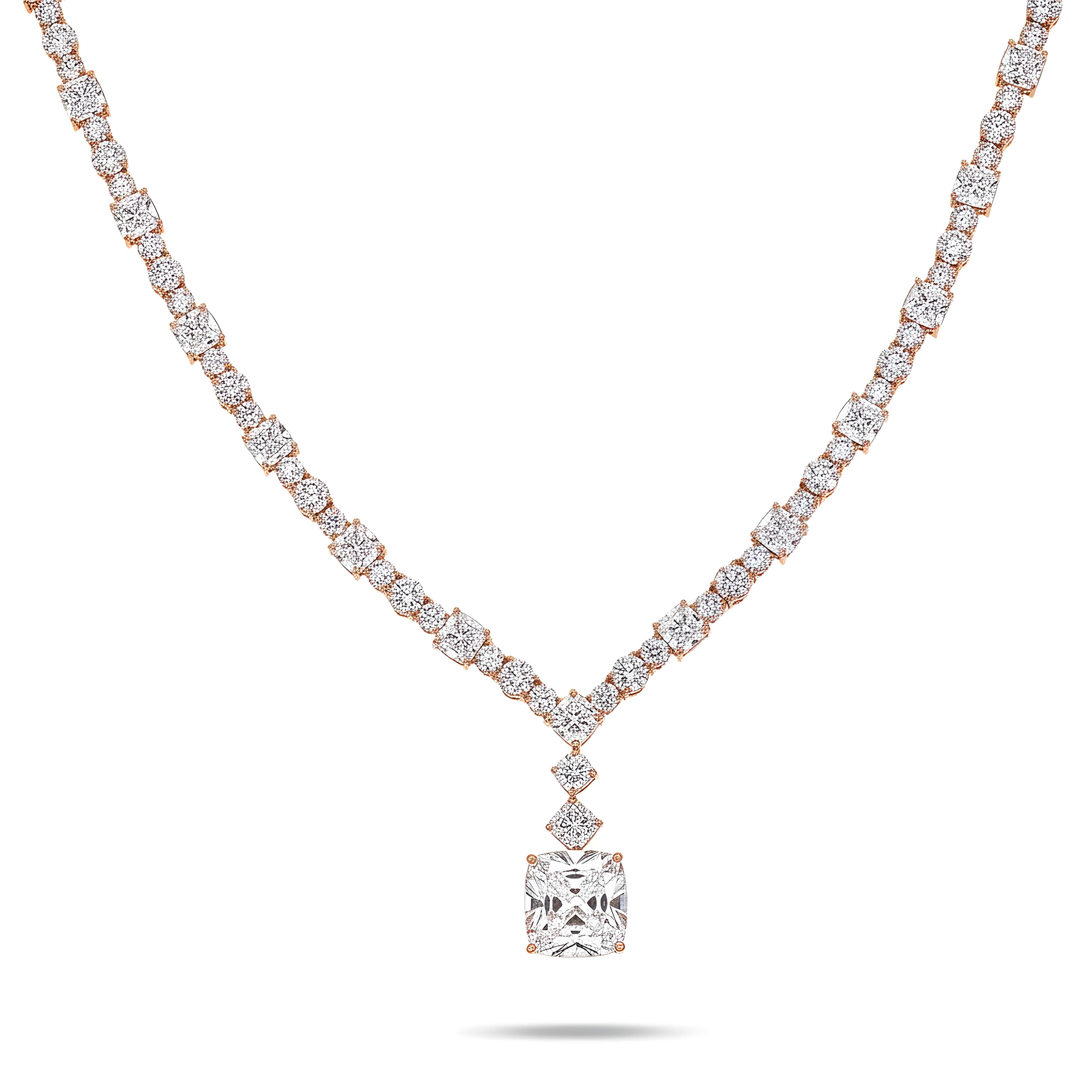 18K White Gold Cushion Cut Diamond Drop Necklace 36.29ct