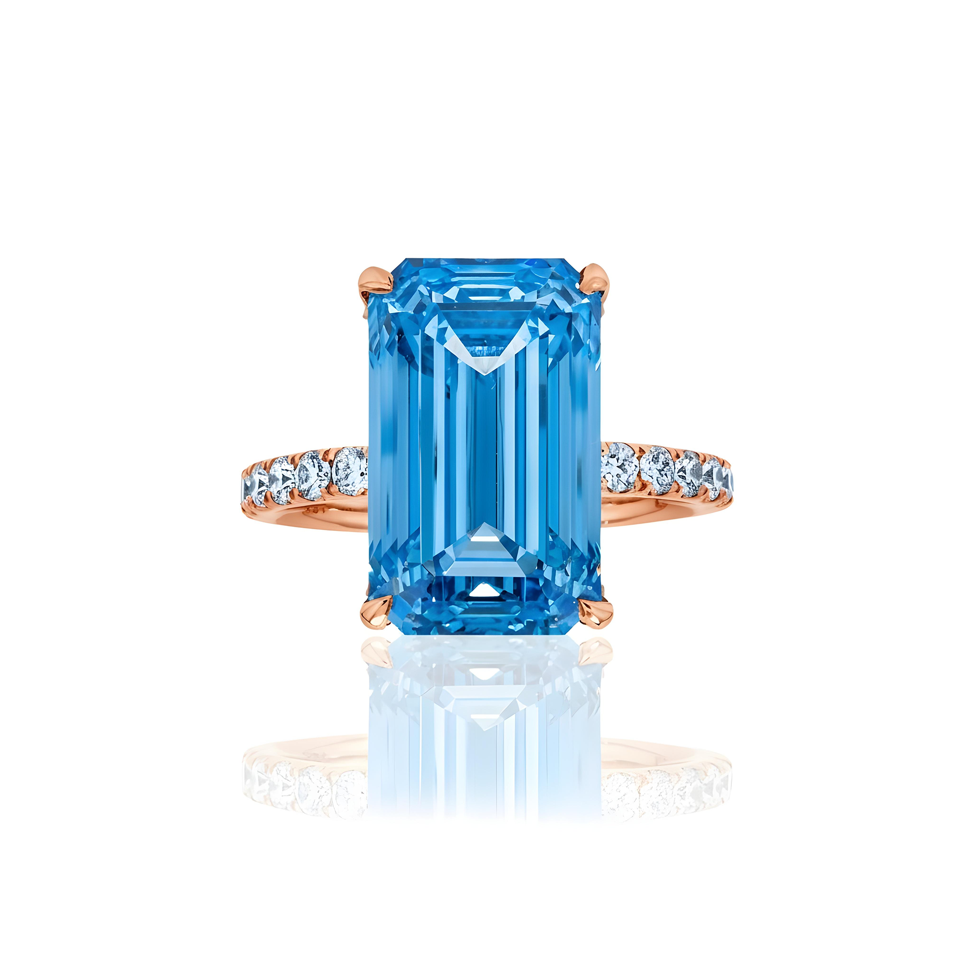 18K White Gold 10.01ct Emerald Cut Fancy Vivid Blue Diamond Ring 10.91ct