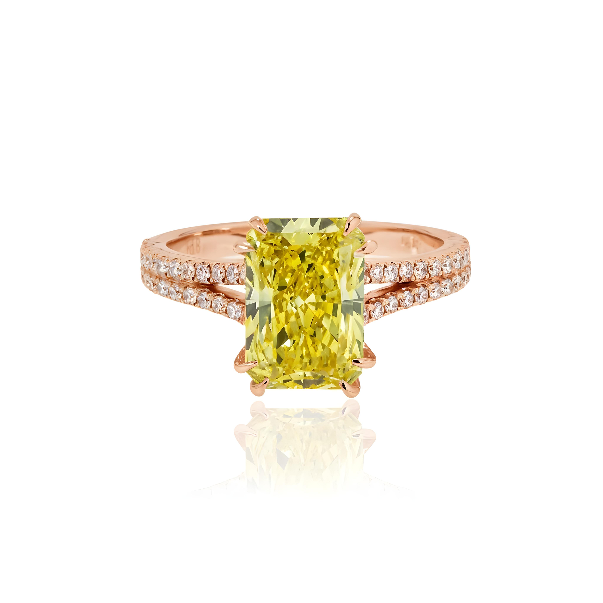 18K White Gold 3.32ct Radiant Cut Fancy Vivid Yellow Diamond Ring 3.83ctw